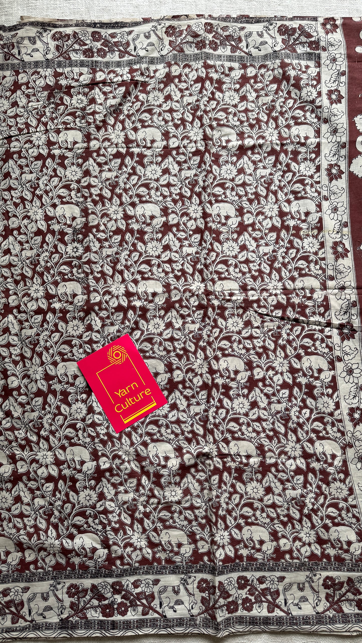 Brown kalamkari, cream floral vines, animal motifs, soft cotton YCWOTDK05