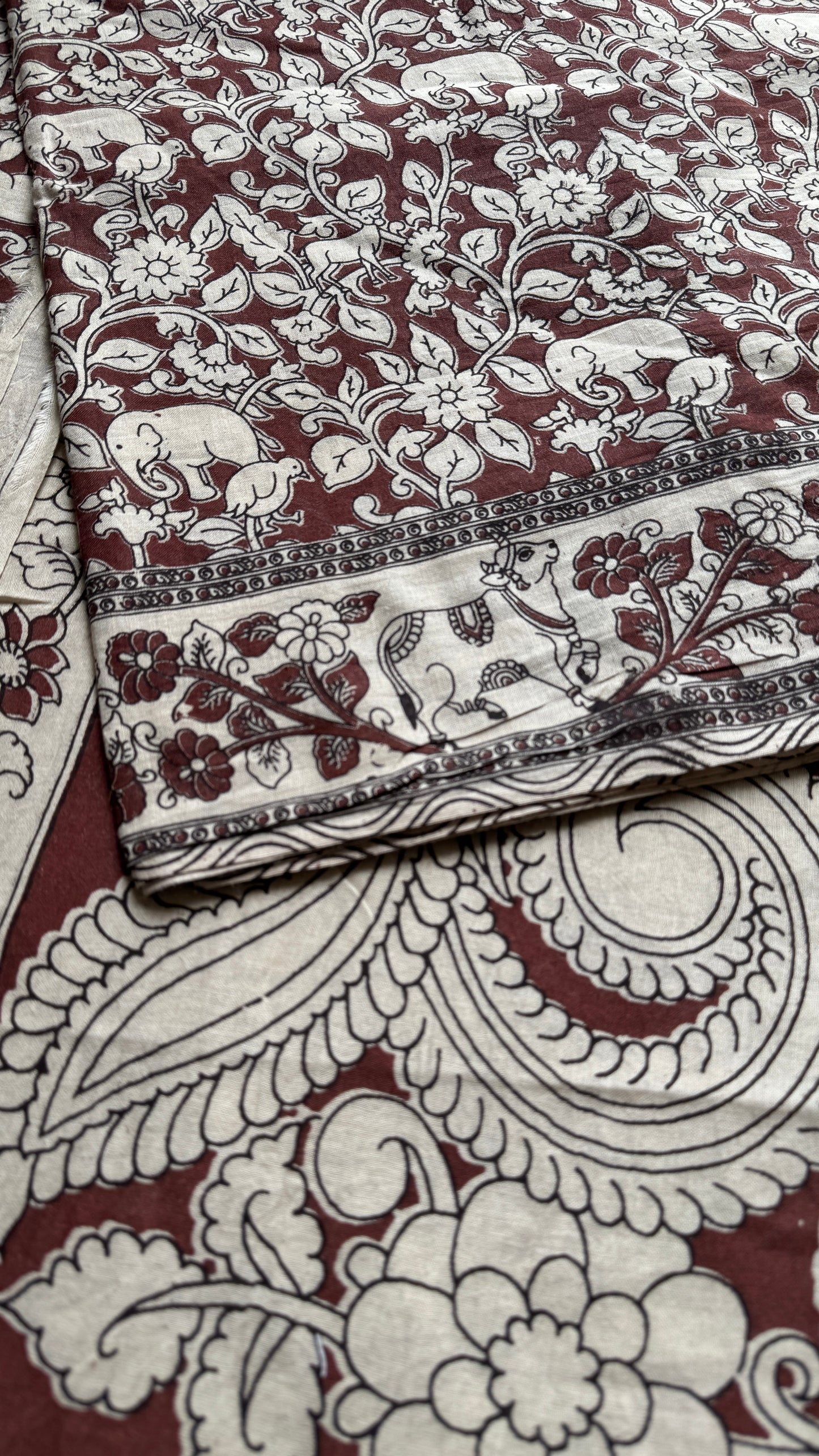 Brown kalamkari, cream floral vines, animal motifs, soft cotton YCWOTDK05