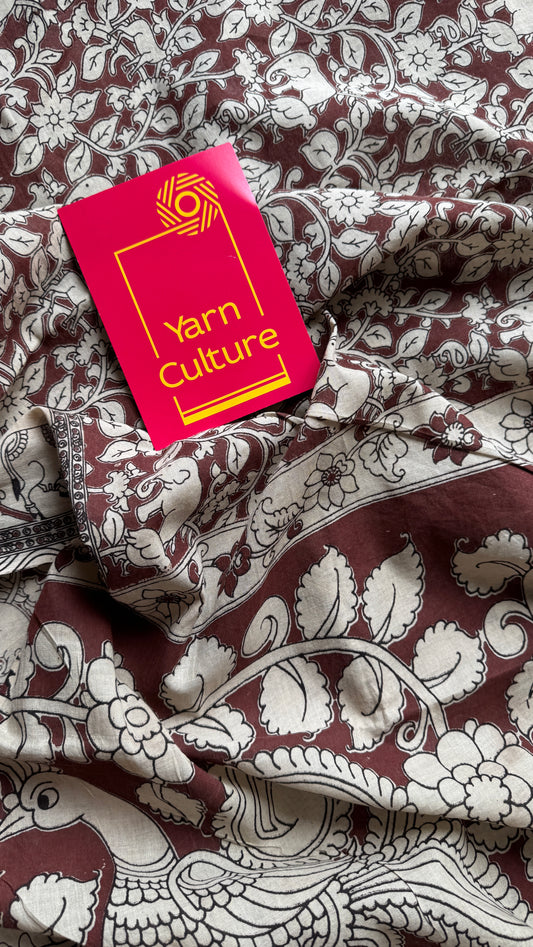 Brown kalamkari, cream floral vines, animal motifs, soft cotton YCWOTDK05