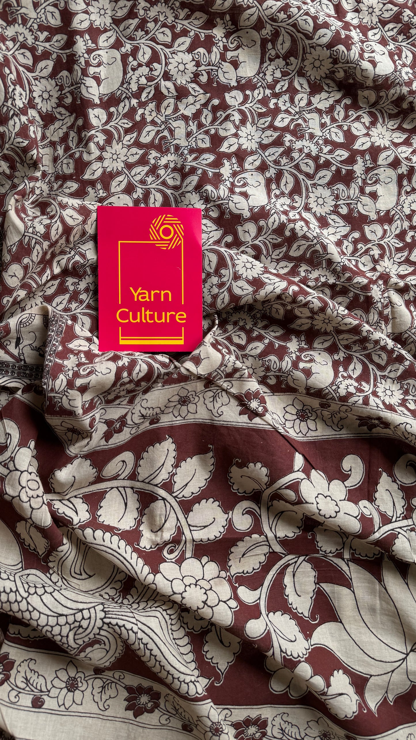 Brown kalamkari, cream floral vines, animal motifs, soft cotton YCWOTDK05