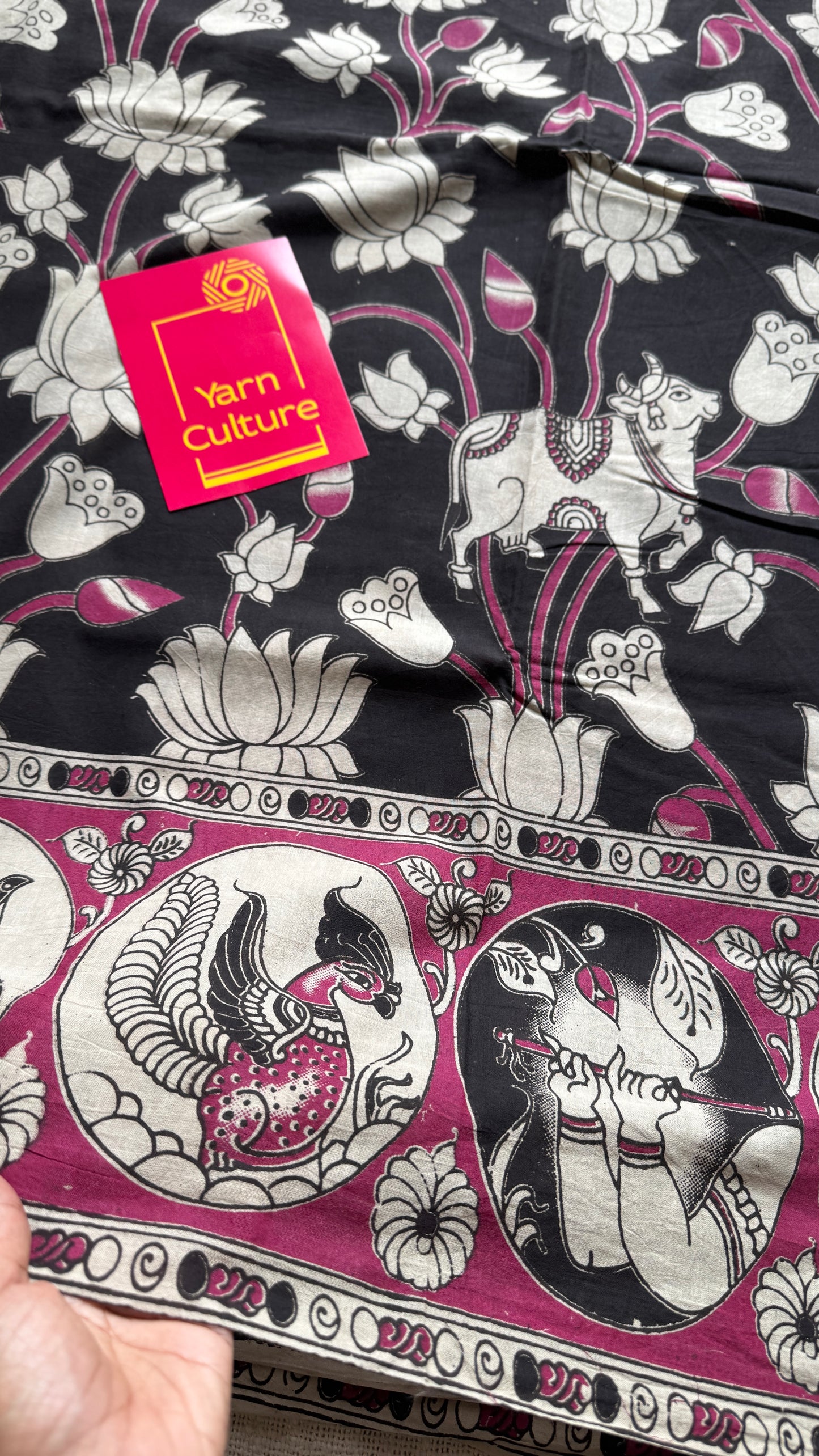 Black kalamkari, cream and pink floral vines, animal motifs, soft cotton