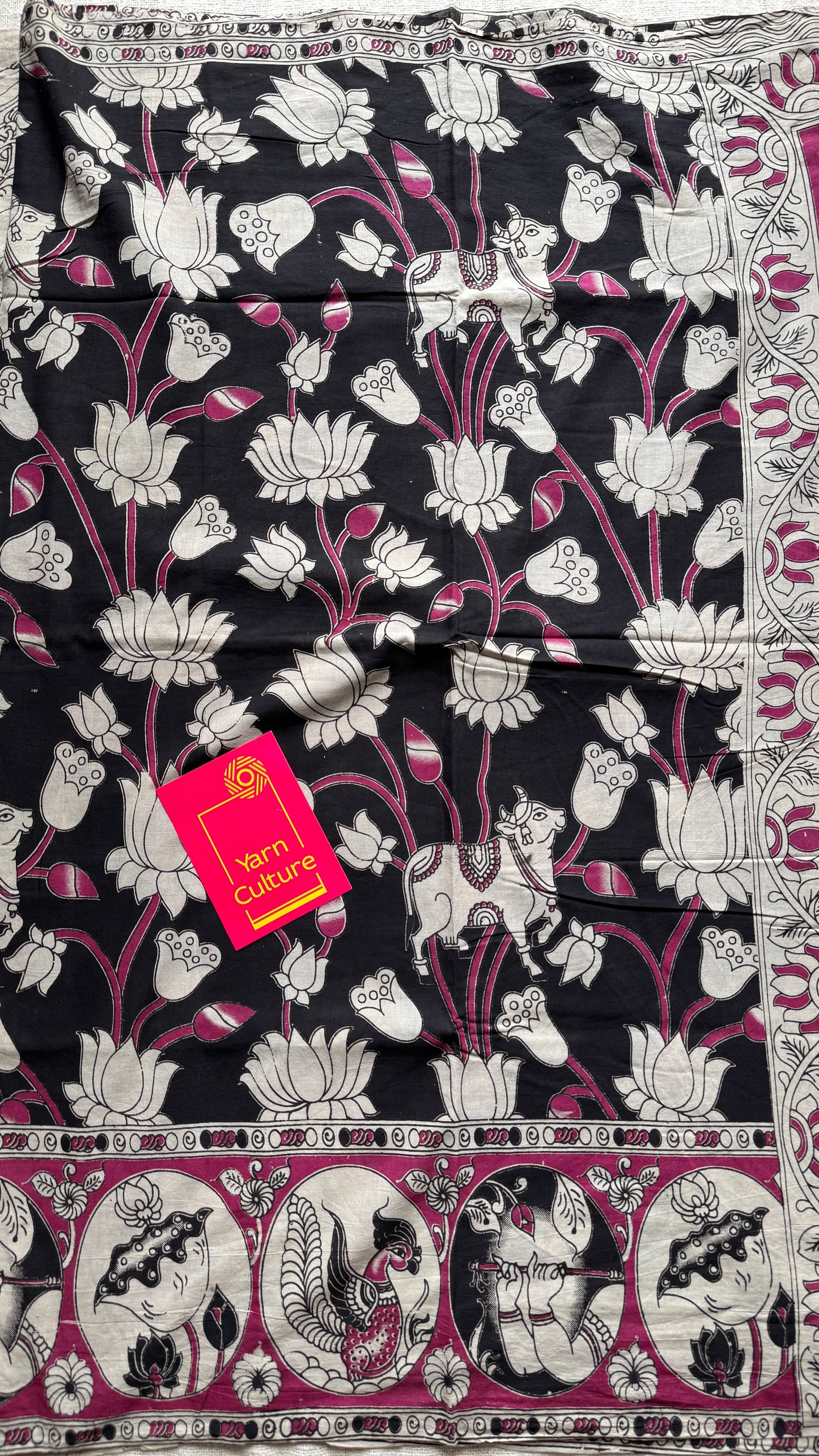 Black kalamkari, cream and pink floral vines, animal motifs, soft cotton