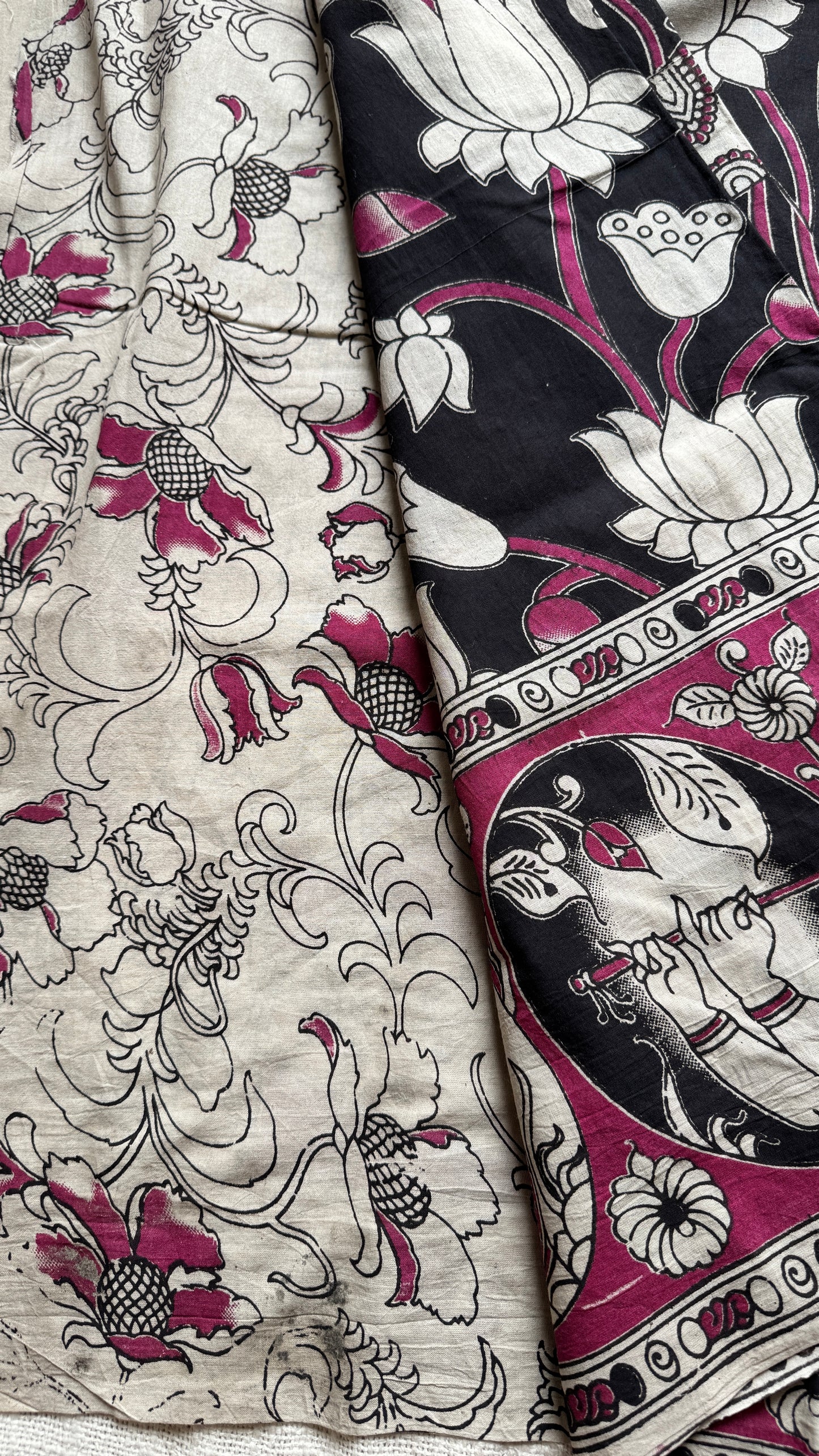 Black kalamkari, cream and pink floral vines, animal motifs, soft cotton