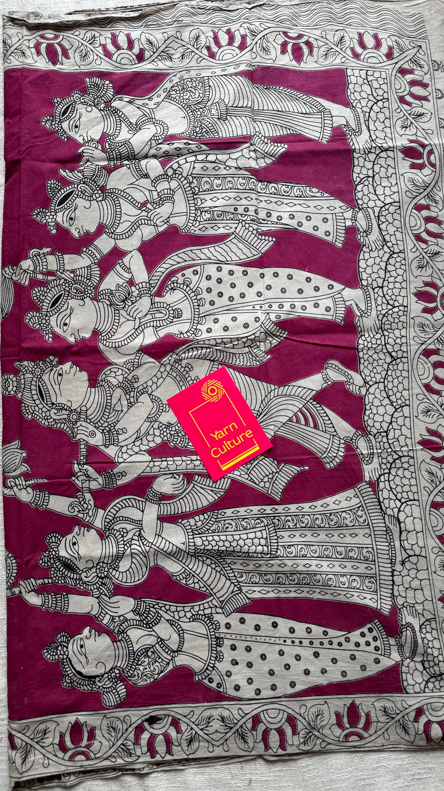 Black kalamkari, cream and pink floral vines, animal motifs, soft cotton