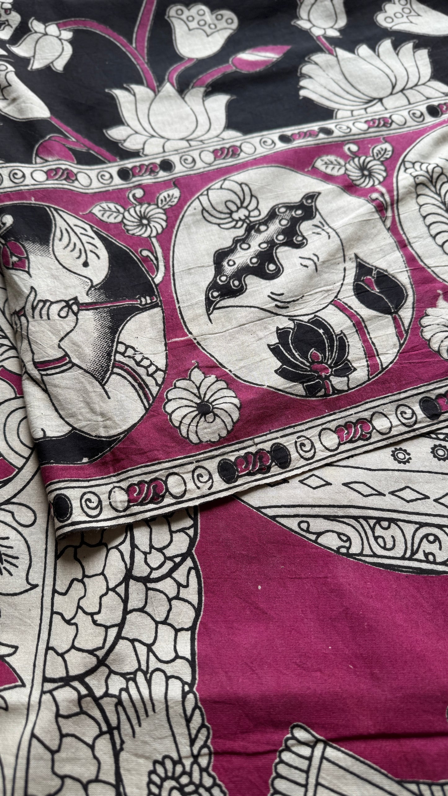 Black kalamkari, cream and pink floral vines, animal motifs, soft cotton