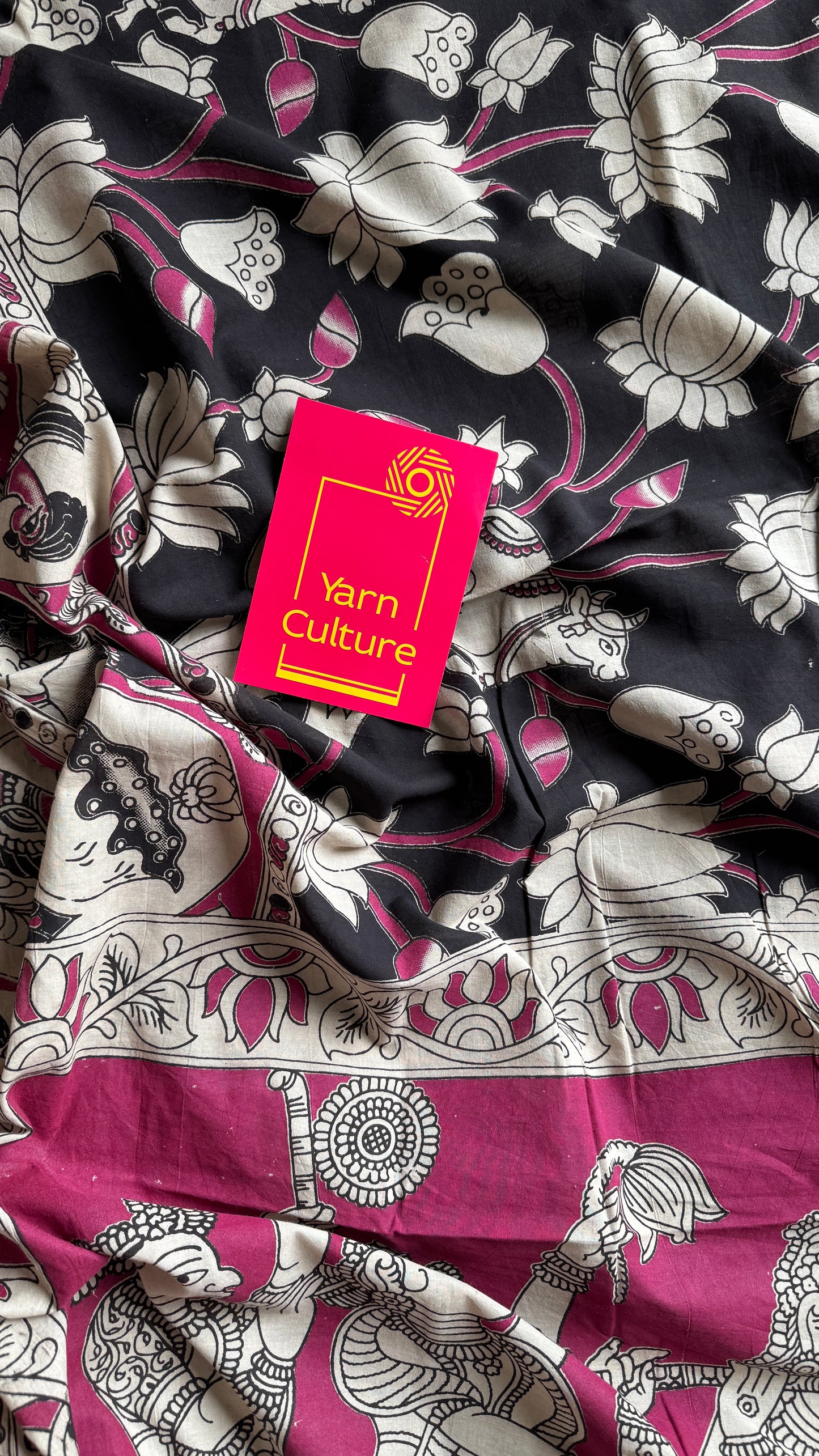 Black kalamkari, cream and pink floral vines, animal motifs, soft cotton