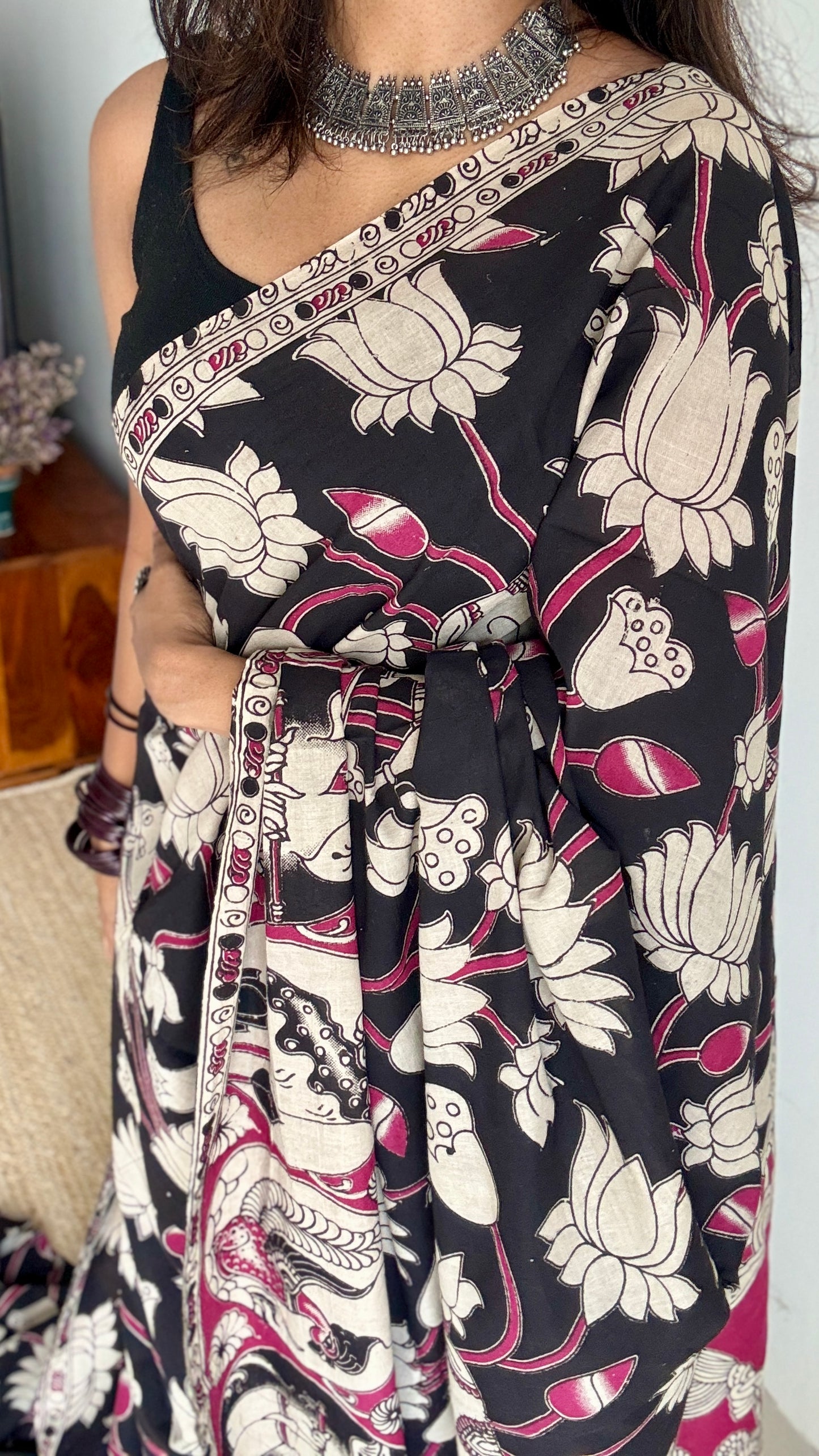 Black kalamkari, cream and pink floral vines, animal motifs, soft cotton