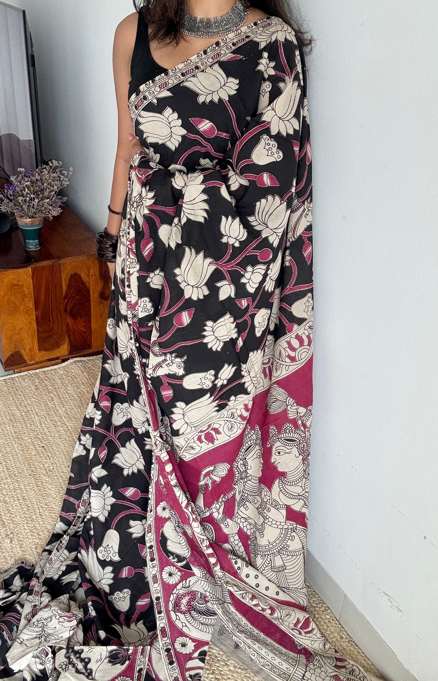 Black kalamkari, cream and pink floral vines, animal motifs, soft cotton