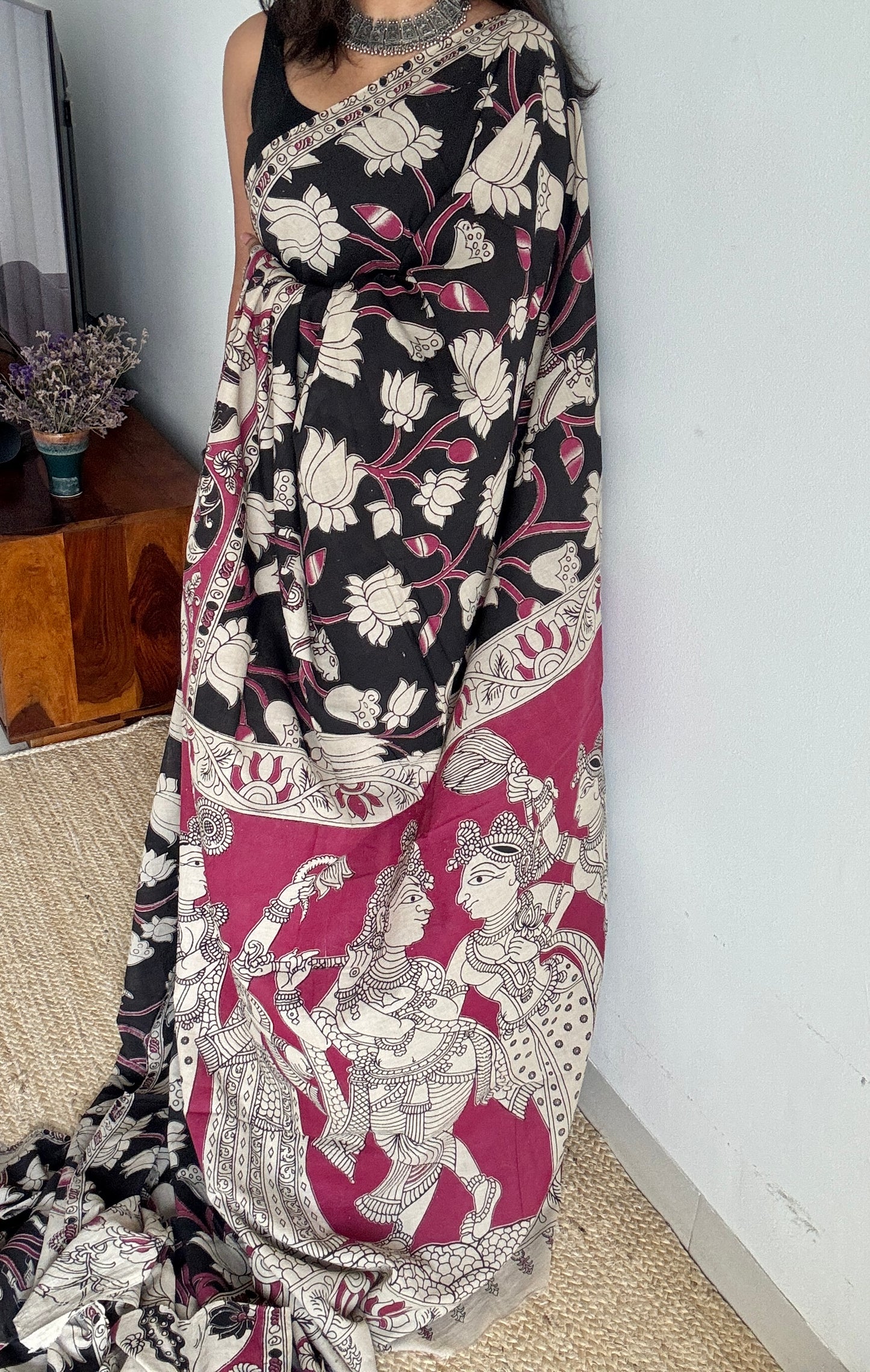 Black kalamkari, cream and pink floral vines, animal motifs, soft cotton