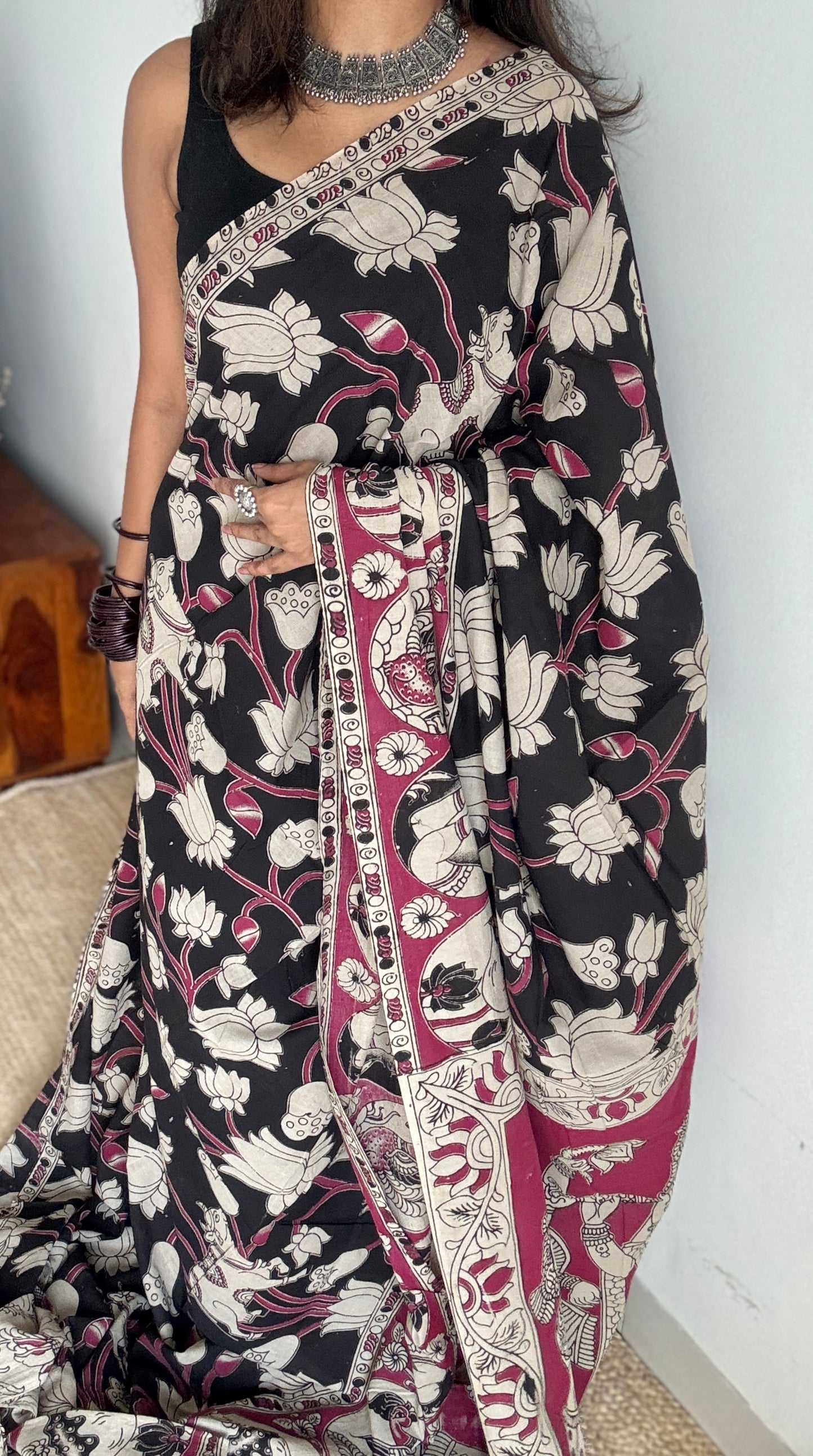 Black kalamkari, cream and pink floral vines, animal motifs, soft cotton