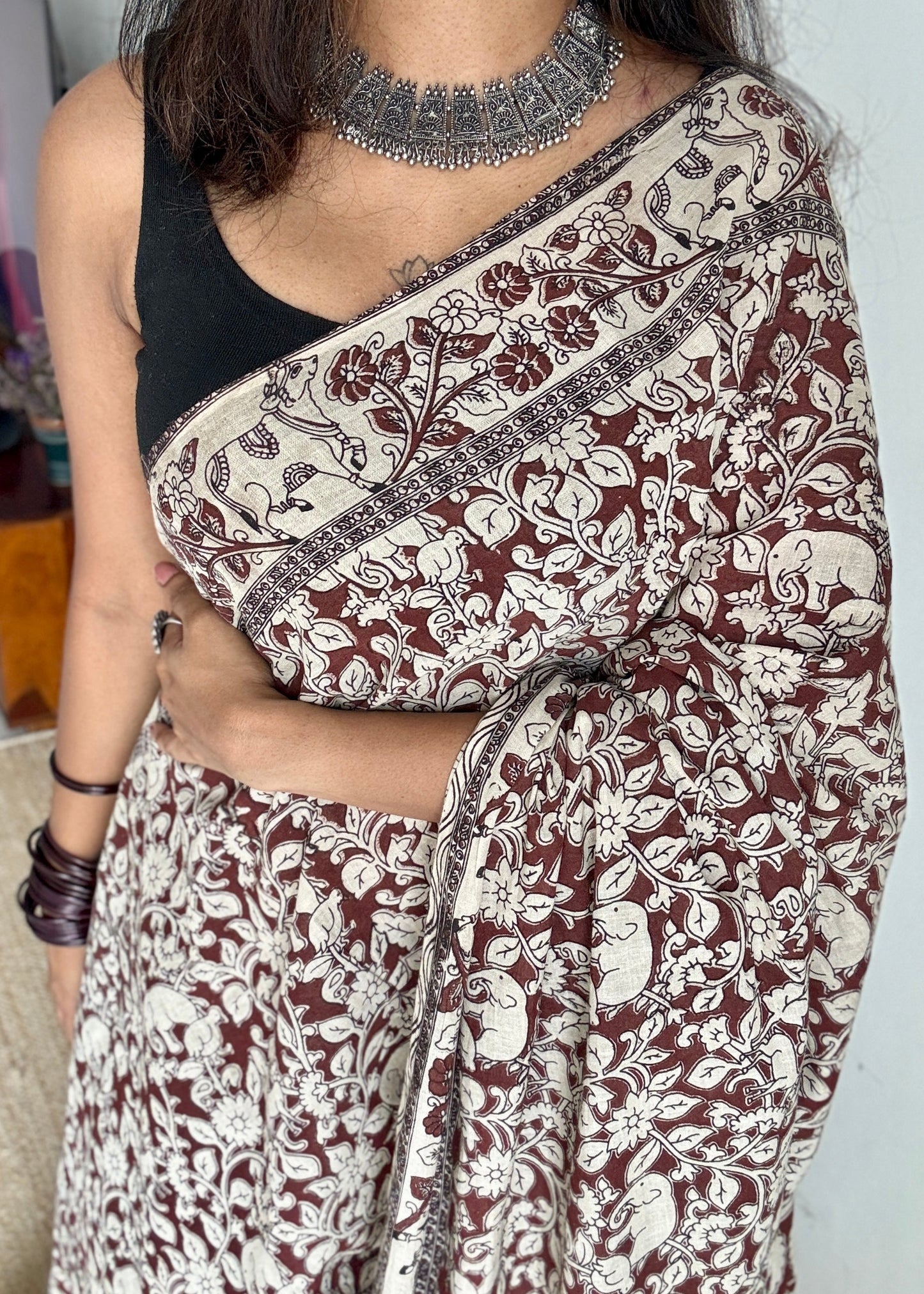 Brown kalamkari, cream floral vines, animal motifs, soft cotton YCWOTDK05