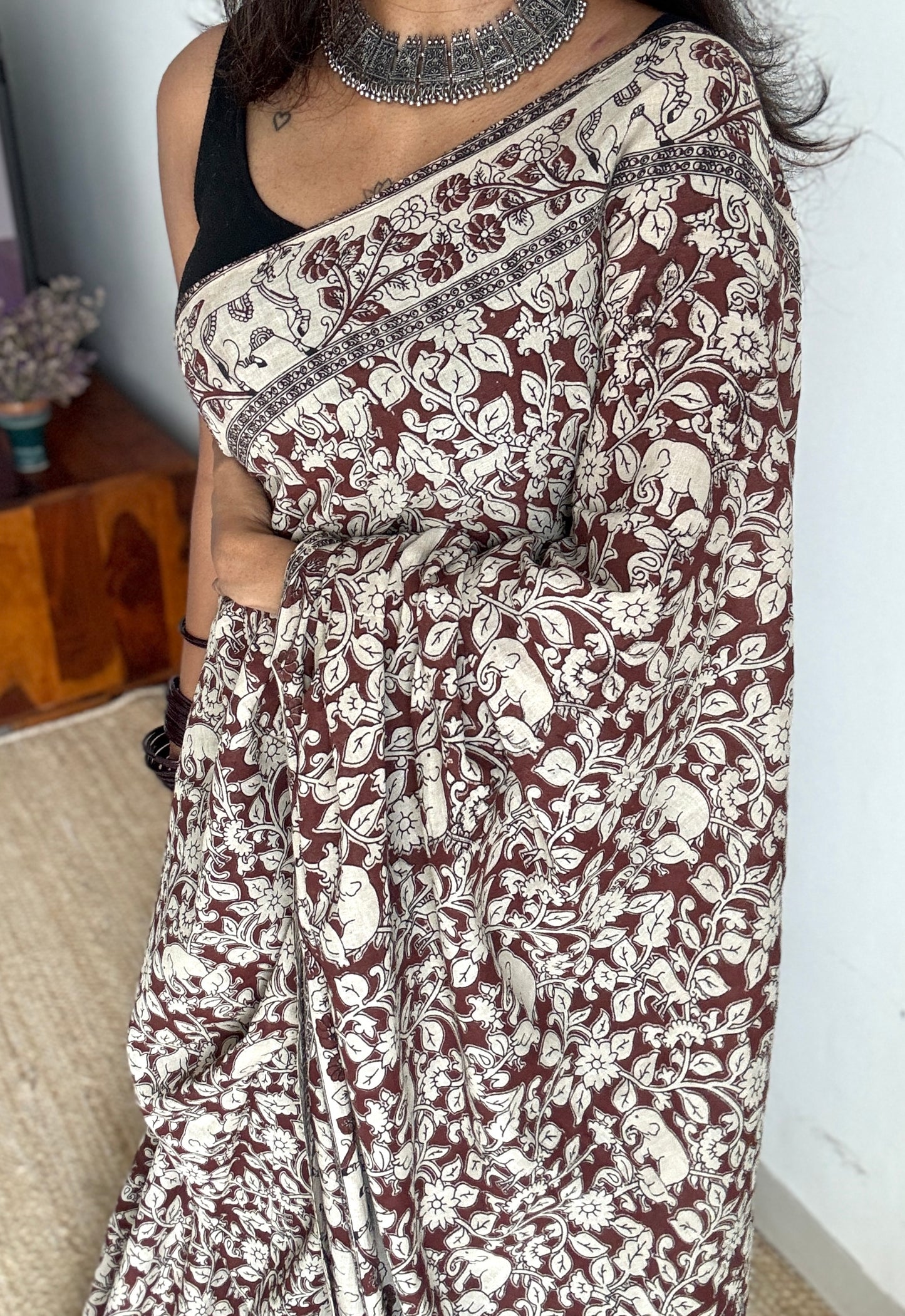 Brown kalamkari, cream floral vines, animal motifs, soft cotton YCWOTDK05