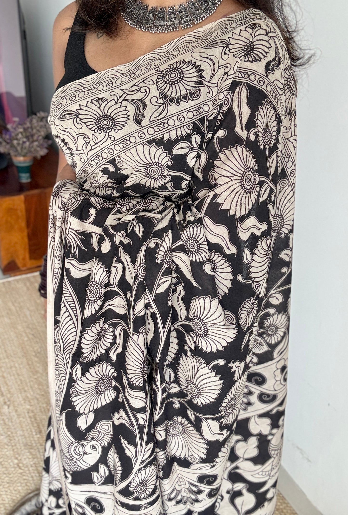 Black kalamkari, cream floral vines, soft cotton