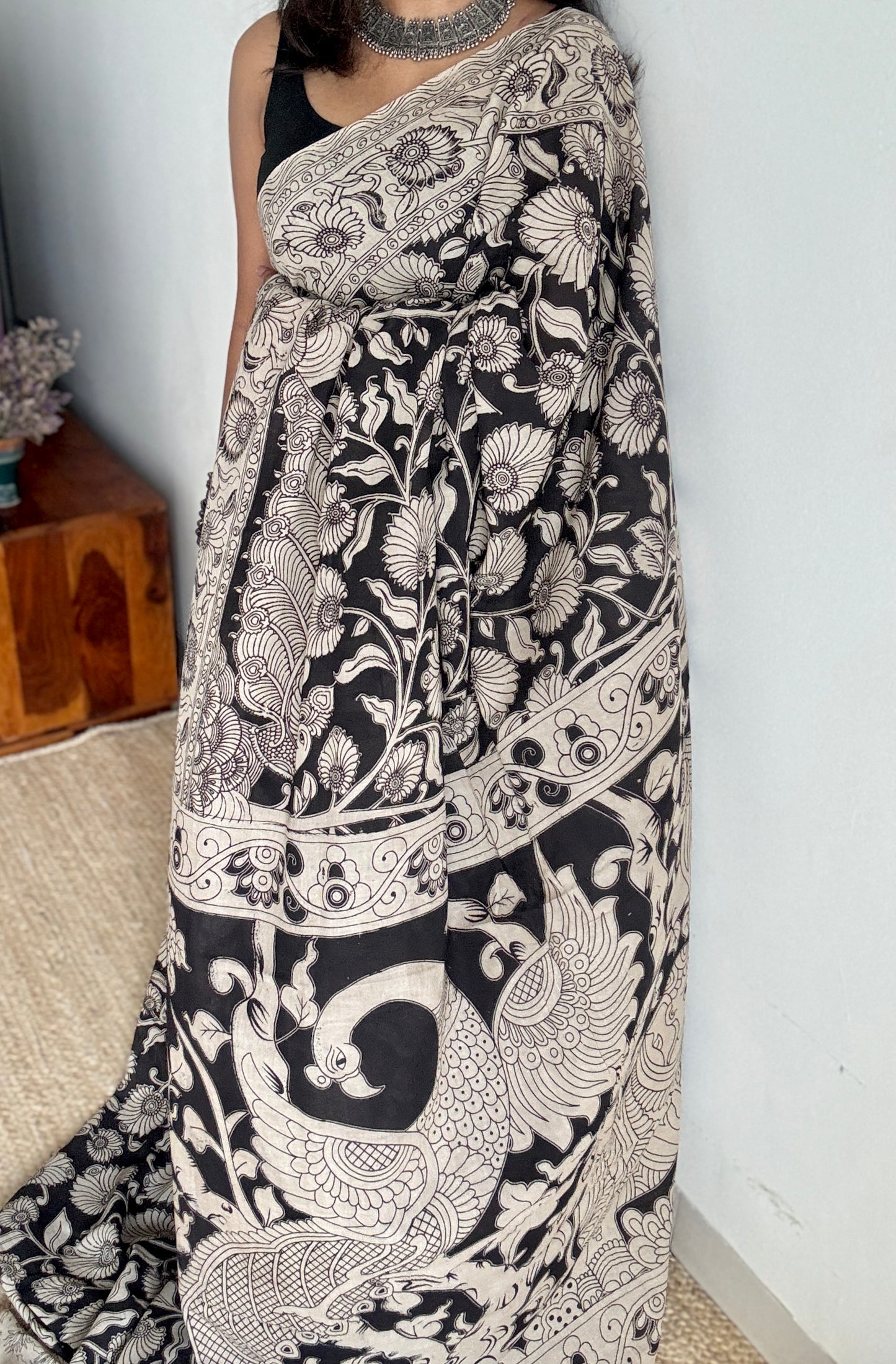 Black kalamkari, cream floral vines, soft cotton