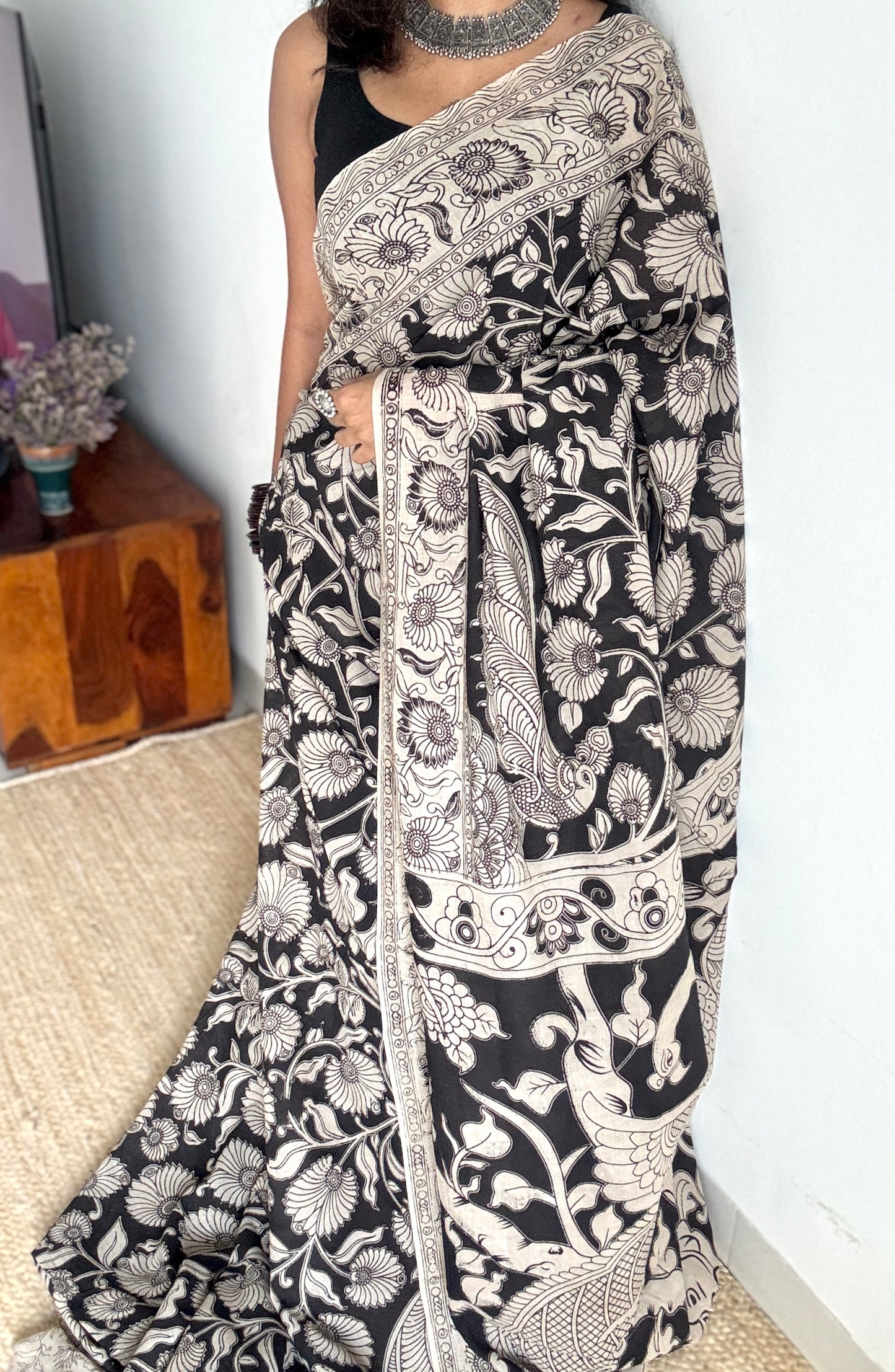 Black kalamkari, cream floral vines, soft cotton