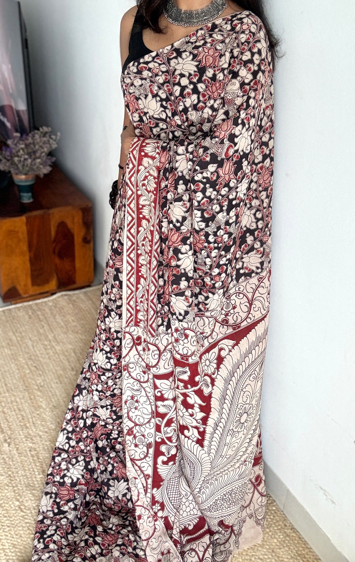 Black kalamkari, red and cream floral vines, soft cotton