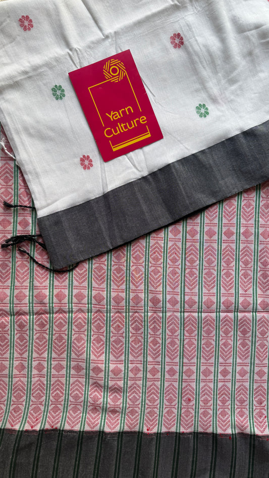 White and Black Jamdani, hand woven flower butas - Soft Cotton YCJBCC04