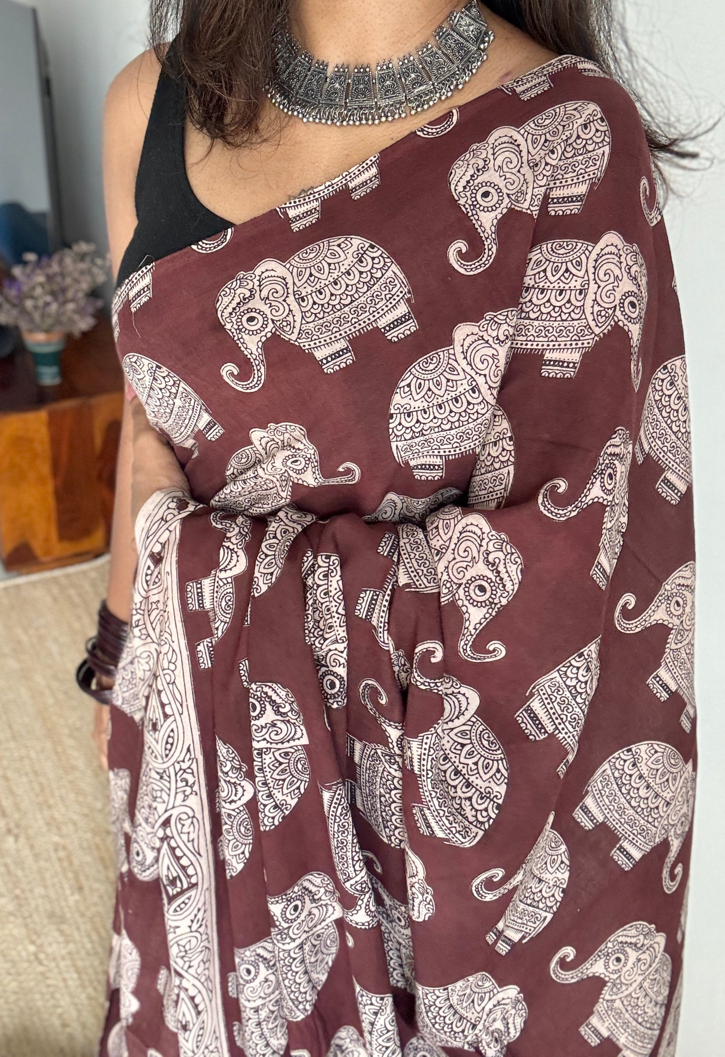 Brown kalamkari, elephant prints, soft cotton