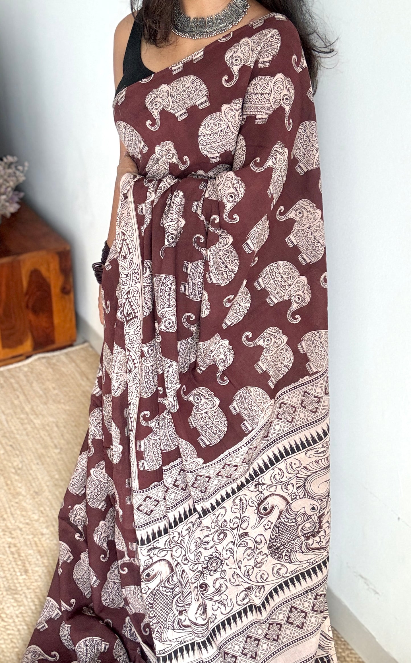 Brown kalamkari, elephant prints, soft cotton