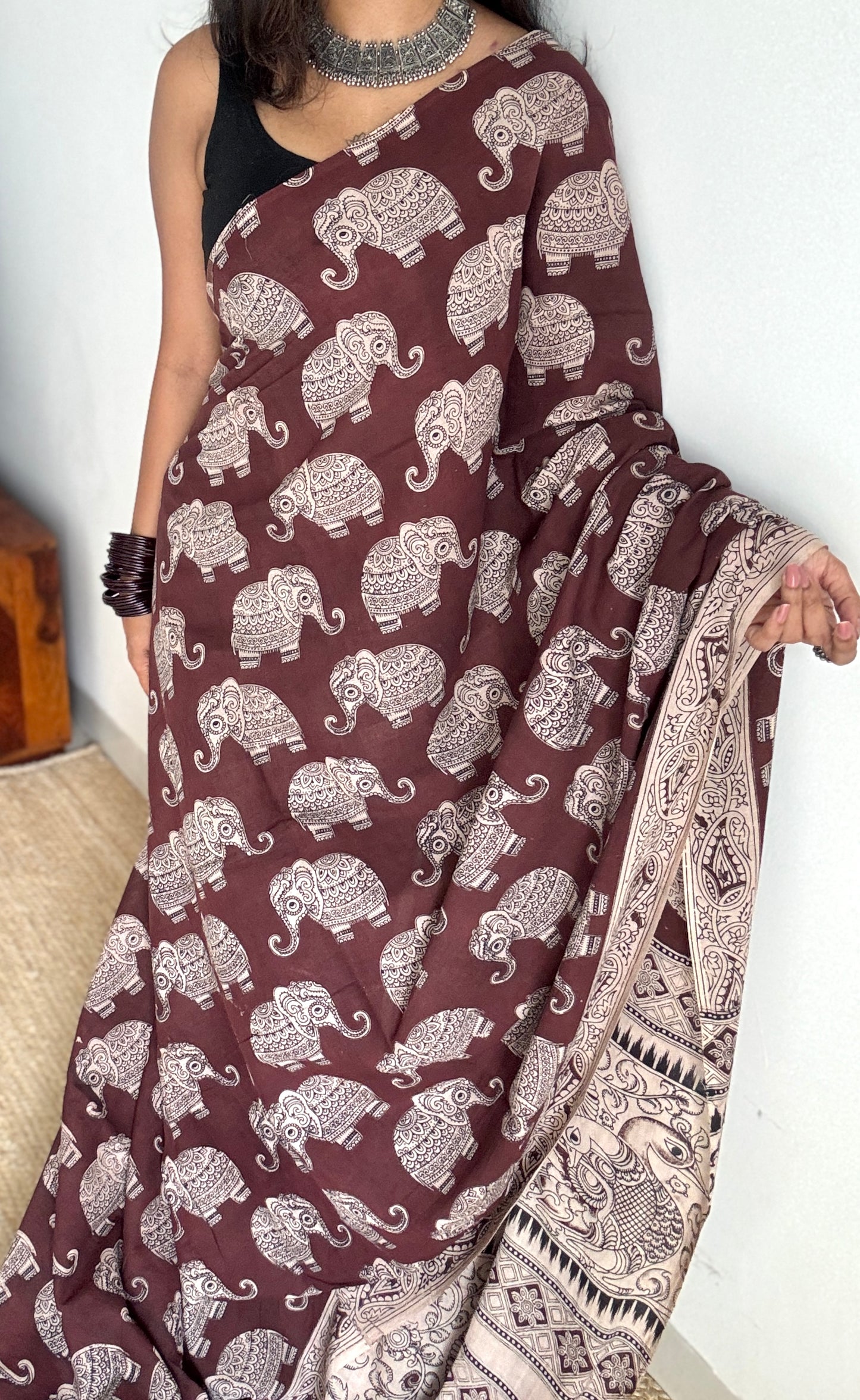 Brown kalamkari, elephant prints, soft cotton