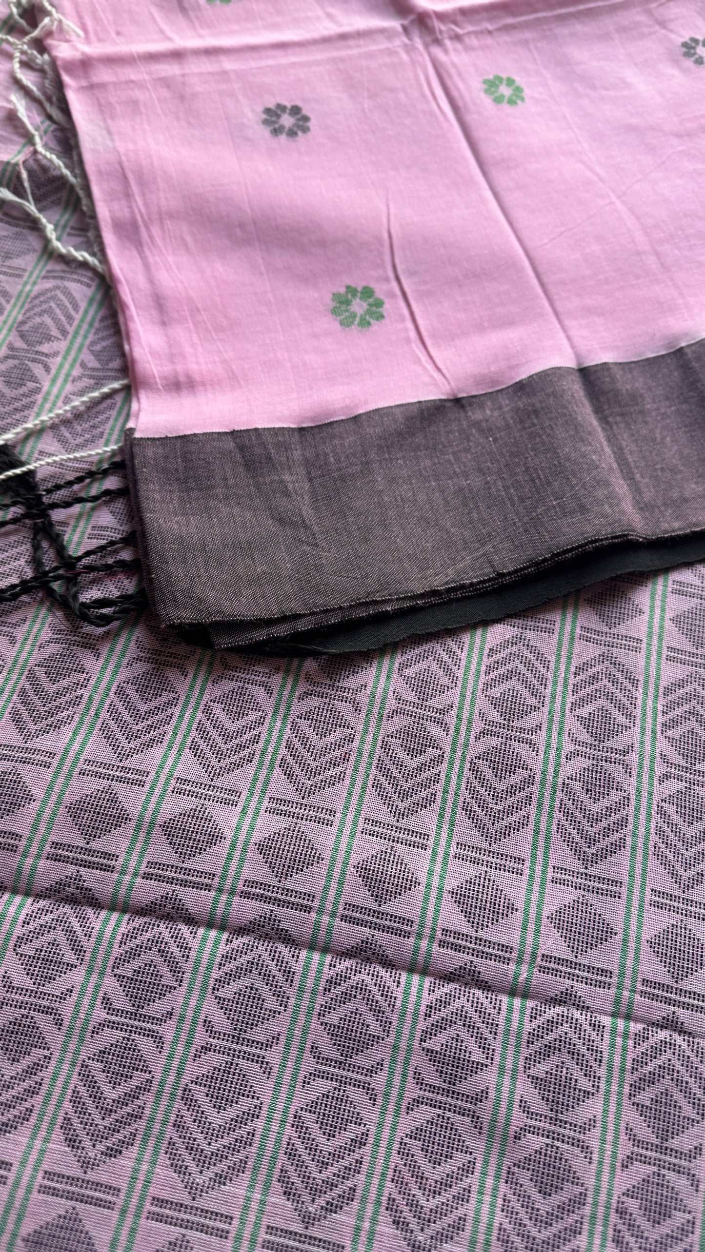 Pink and Black Jamdani, hand woven flower butas - Soft Cotton YCJBCC01