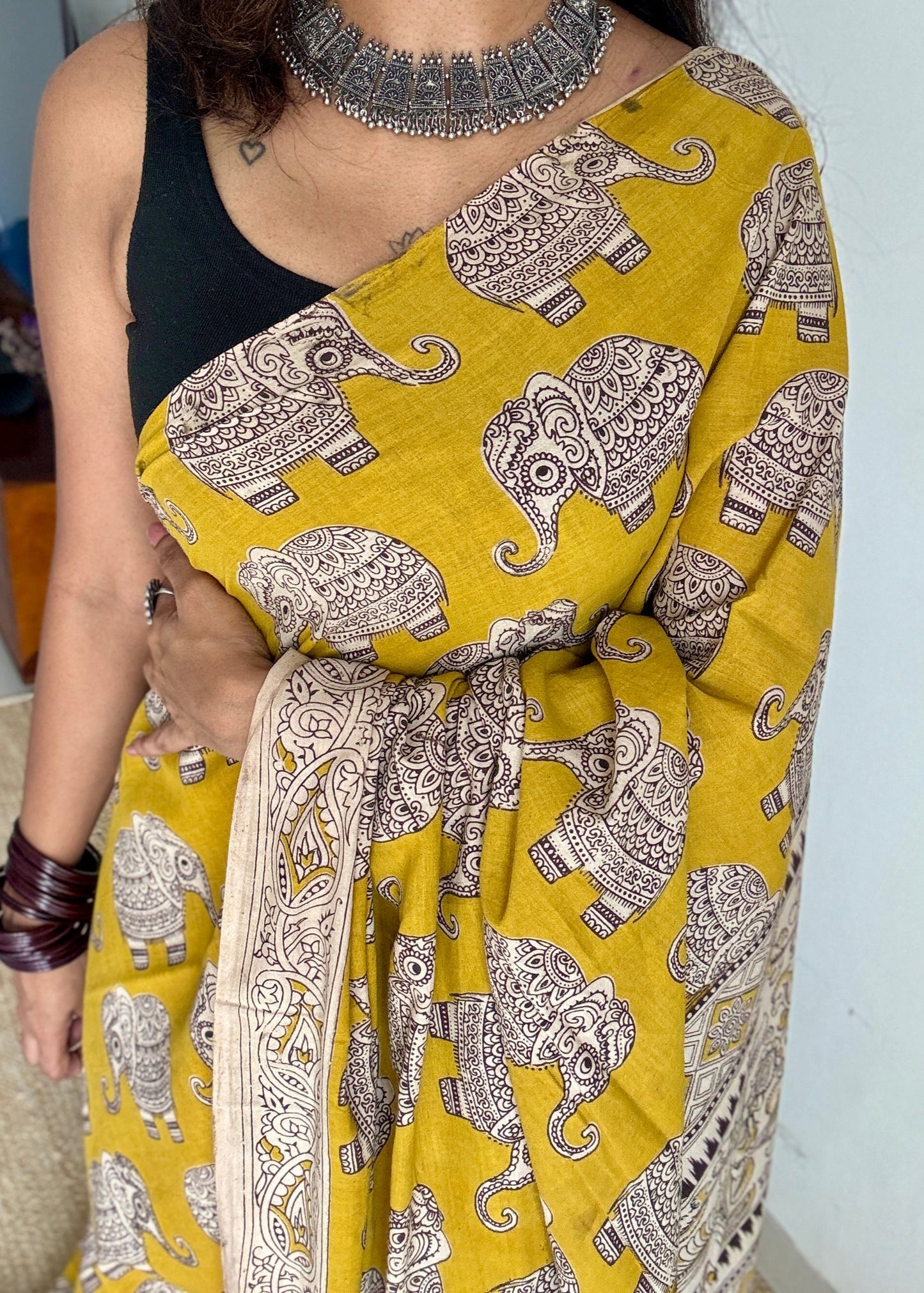 Mustard yellow kalamkari, elephant prints, soft cotton