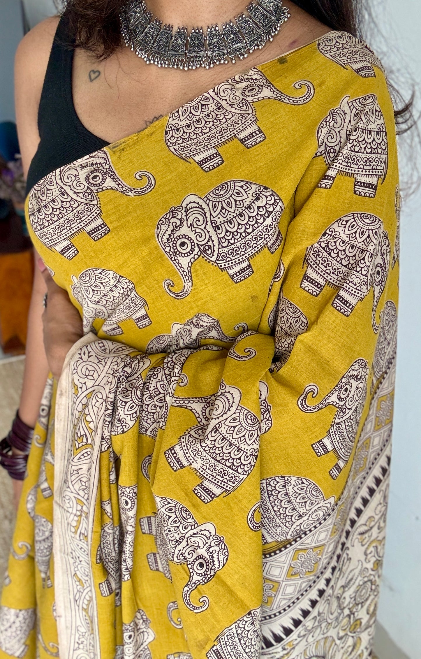 Mustard yellow kalamkari, elephant prints, soft cotton