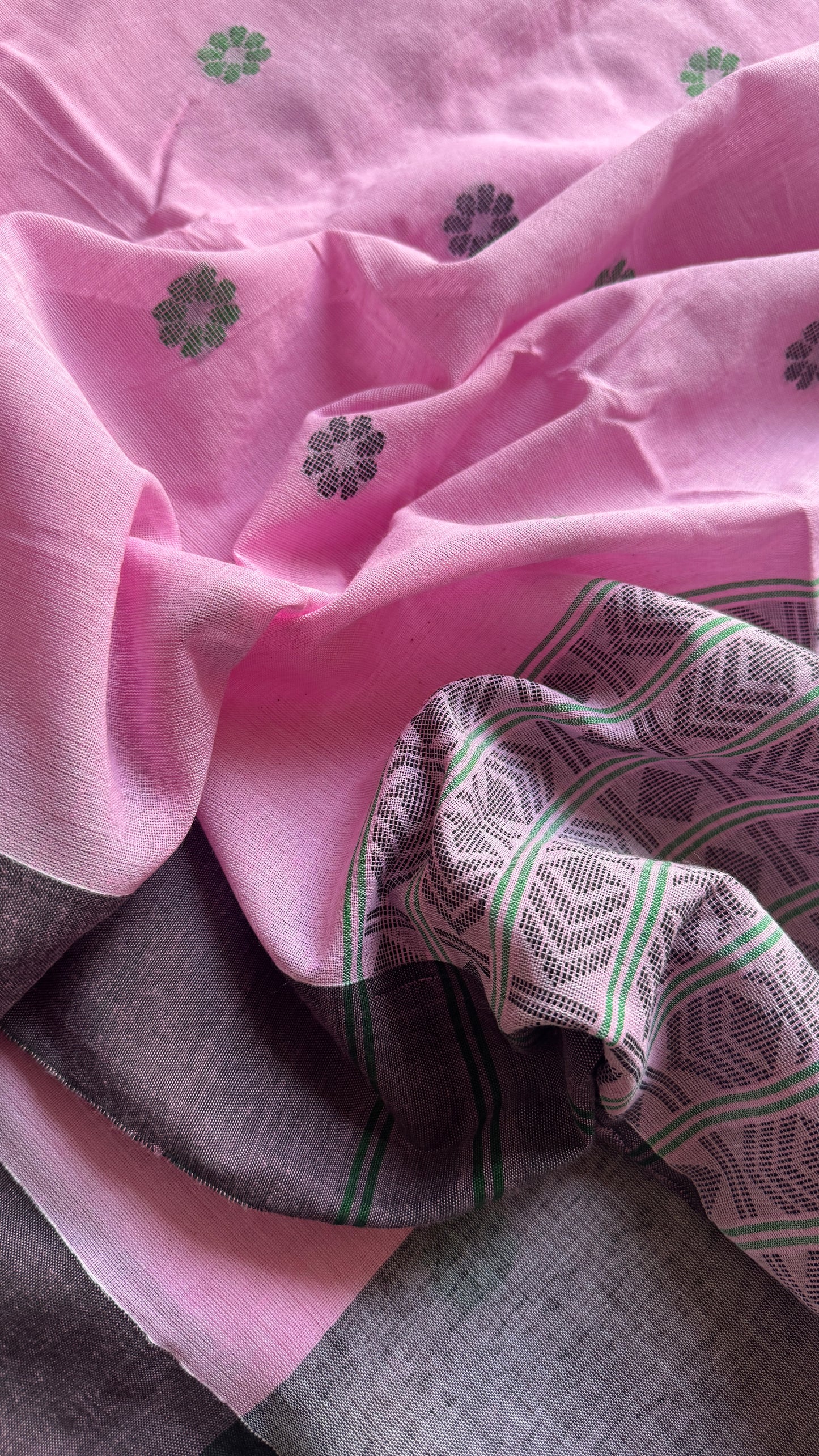 Pink and Black Jamdani, hand woven flower butas - Soft Cotton YCJBCC01
