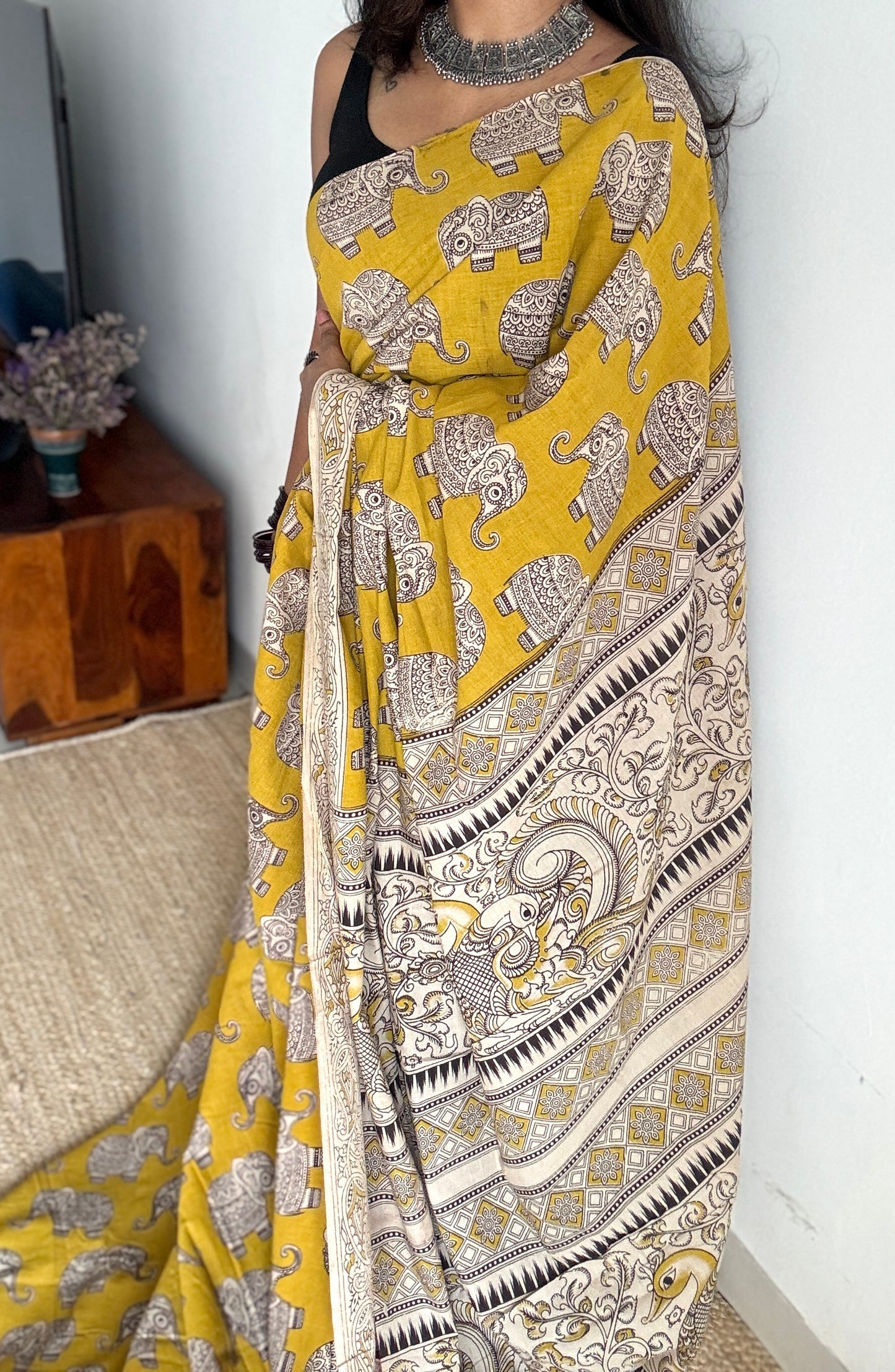 Mustard yellow kalamkari, elephant prints, soft cotton