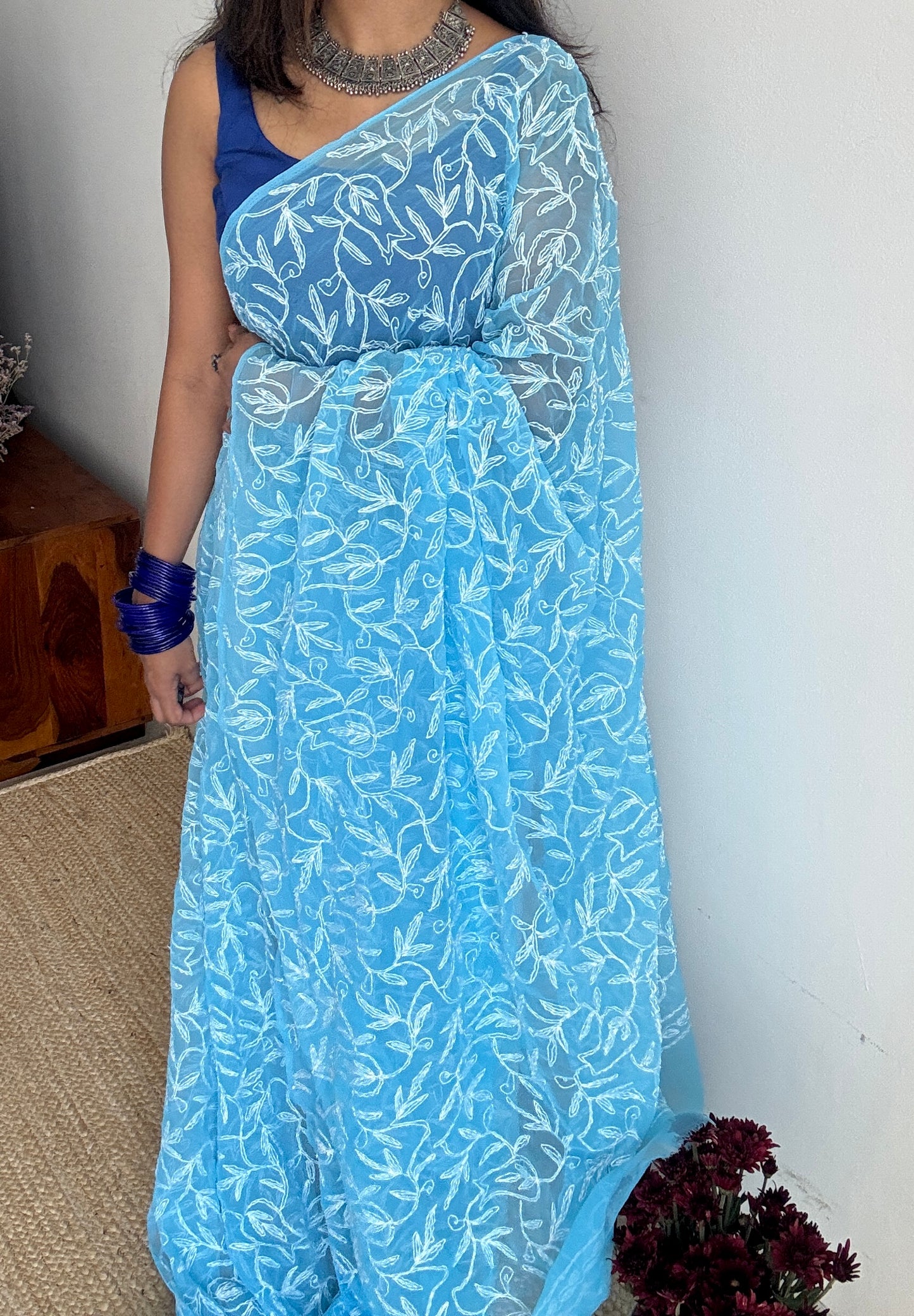 Dariya-e-Noor (ocean of light) – Water Blue Chikankari, georgette