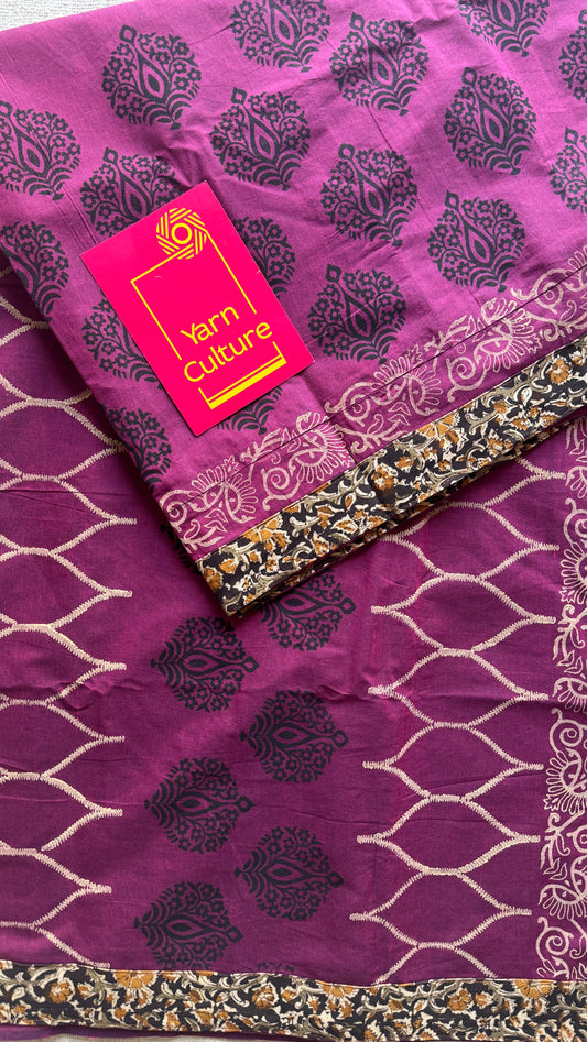 Purple Pink double tone with Kalamkari patch work - Soft Cotton - YCKPWC04