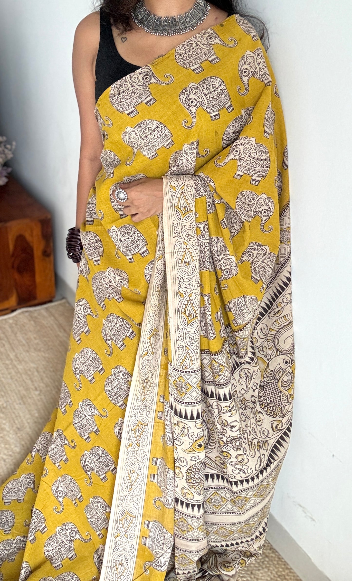 Mustard yellow kalamkari, elephant prints, soft cotton