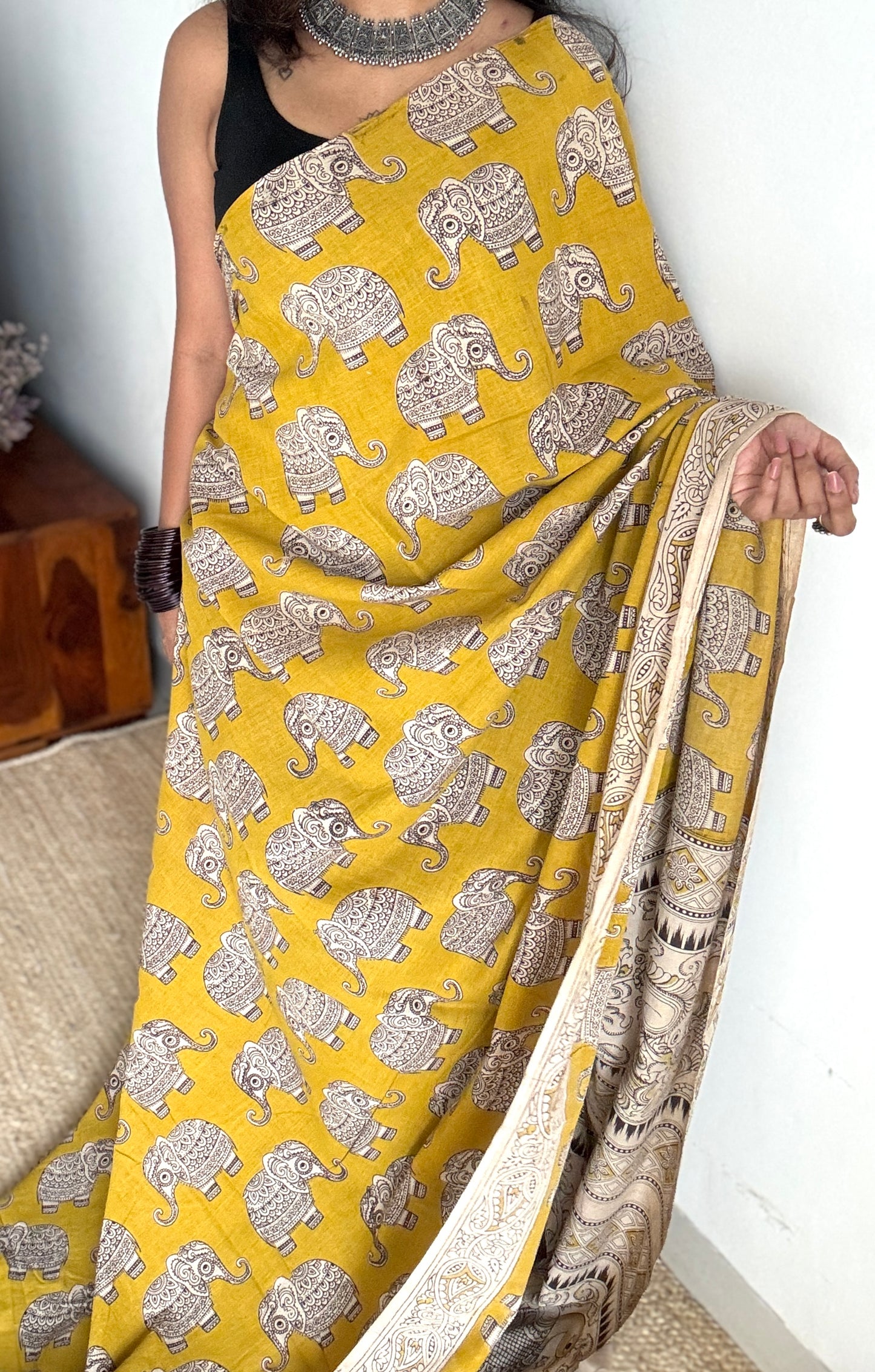 Mustard yellow kalamkari, elephant prints, soft cotton