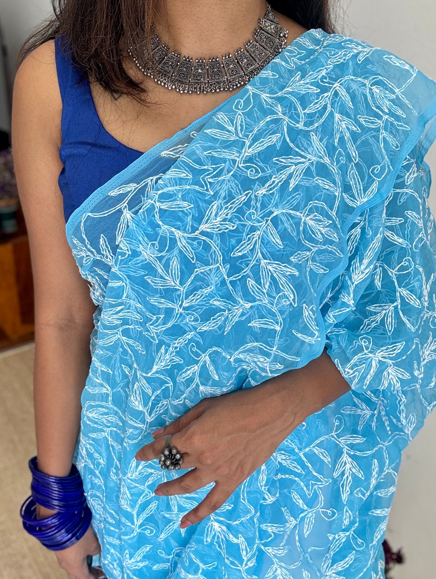 Dariya-e-Noor (ocean of light) – Water Blue Chikankari, georgette