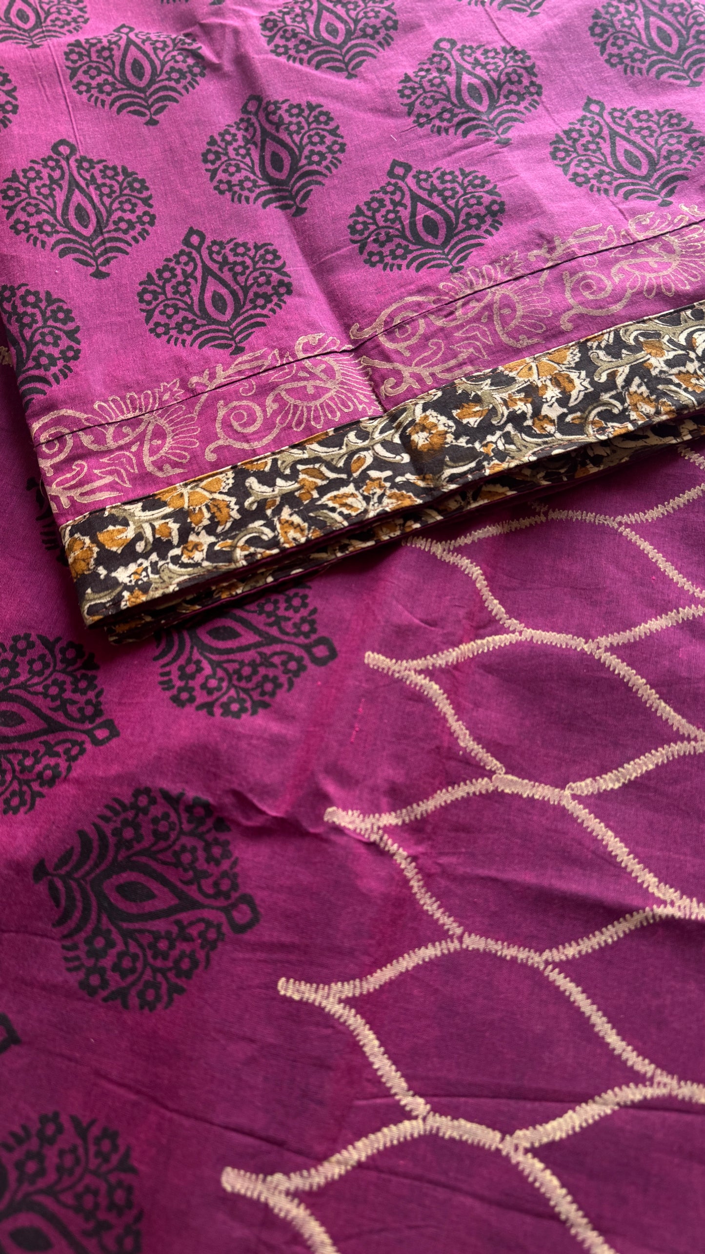 Purple Pink double tone with Kalamkari patch work - Soft Cotton - YCKPWC04