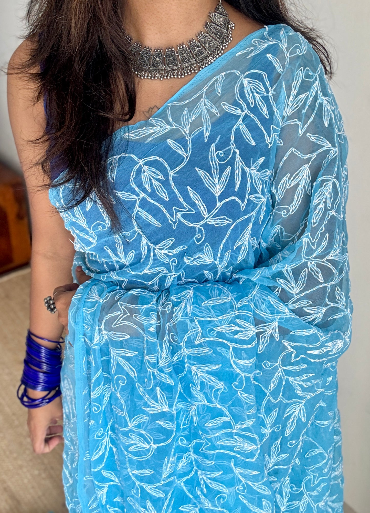 Dariya-e-Noor (ocean of light) – Water Blue Chikankari, georgette
