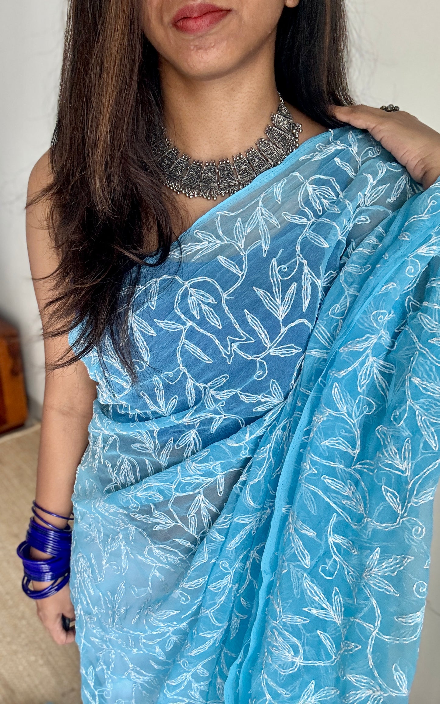 Dariya-e-Noor (ocean of light) – Water Blue Chikankari, georgette