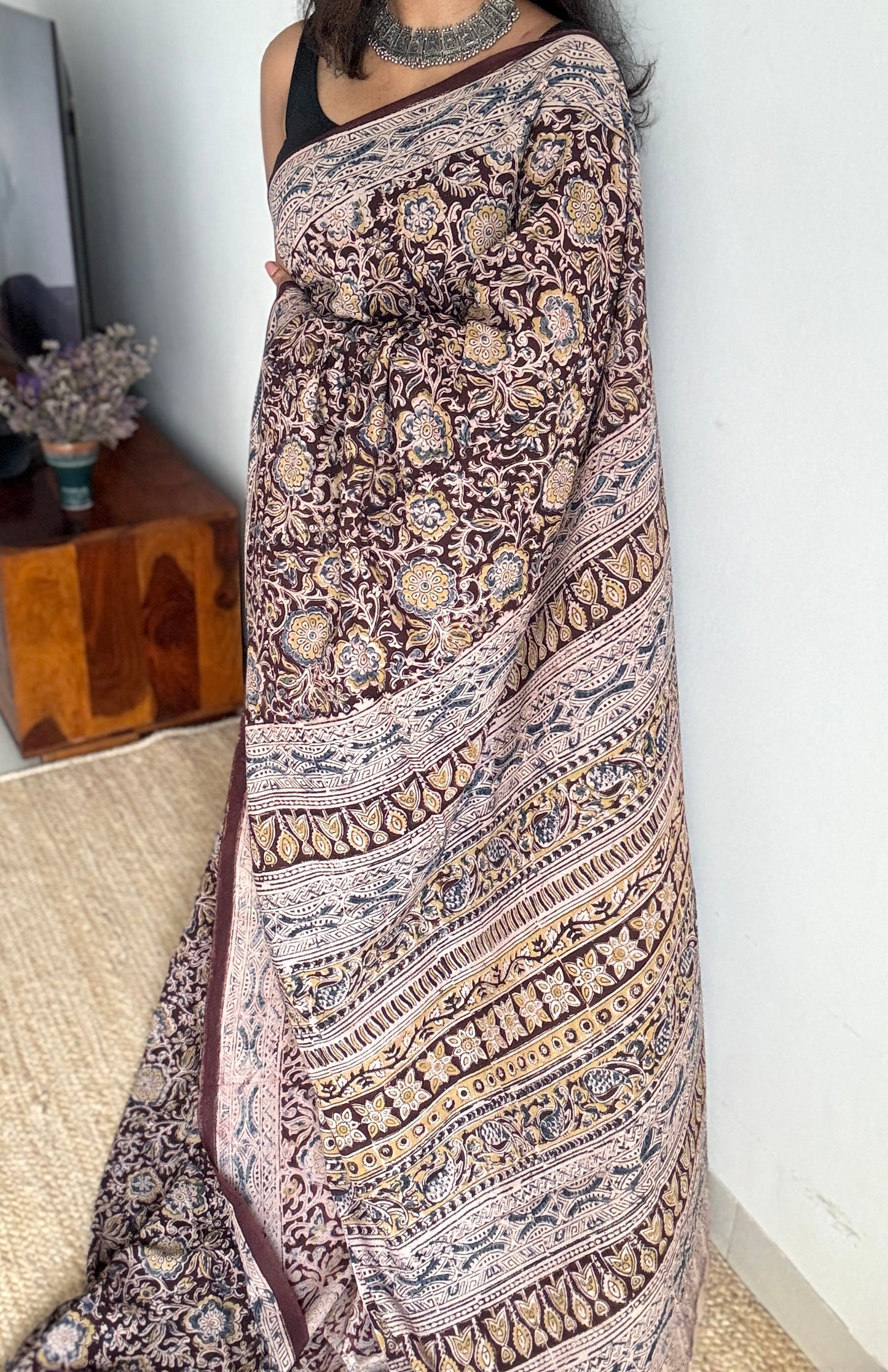 Dark maroon kalamkari, yellow blue floral vines, floral motif pallu YCWOTDKBP03