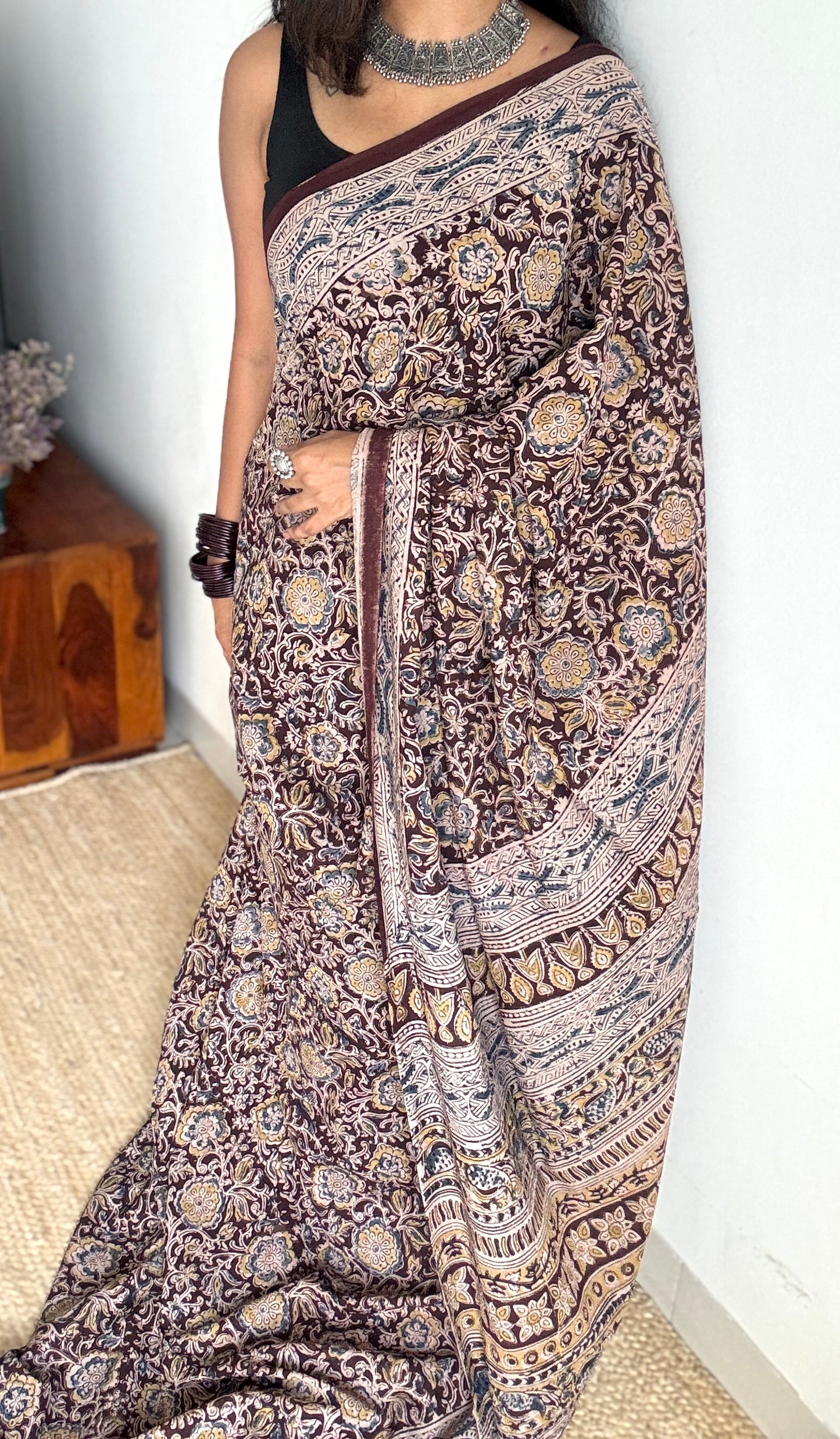 Dark maroon kalamkari, yellow blue floral vines, floral motif pallu YCWOTDKBP03