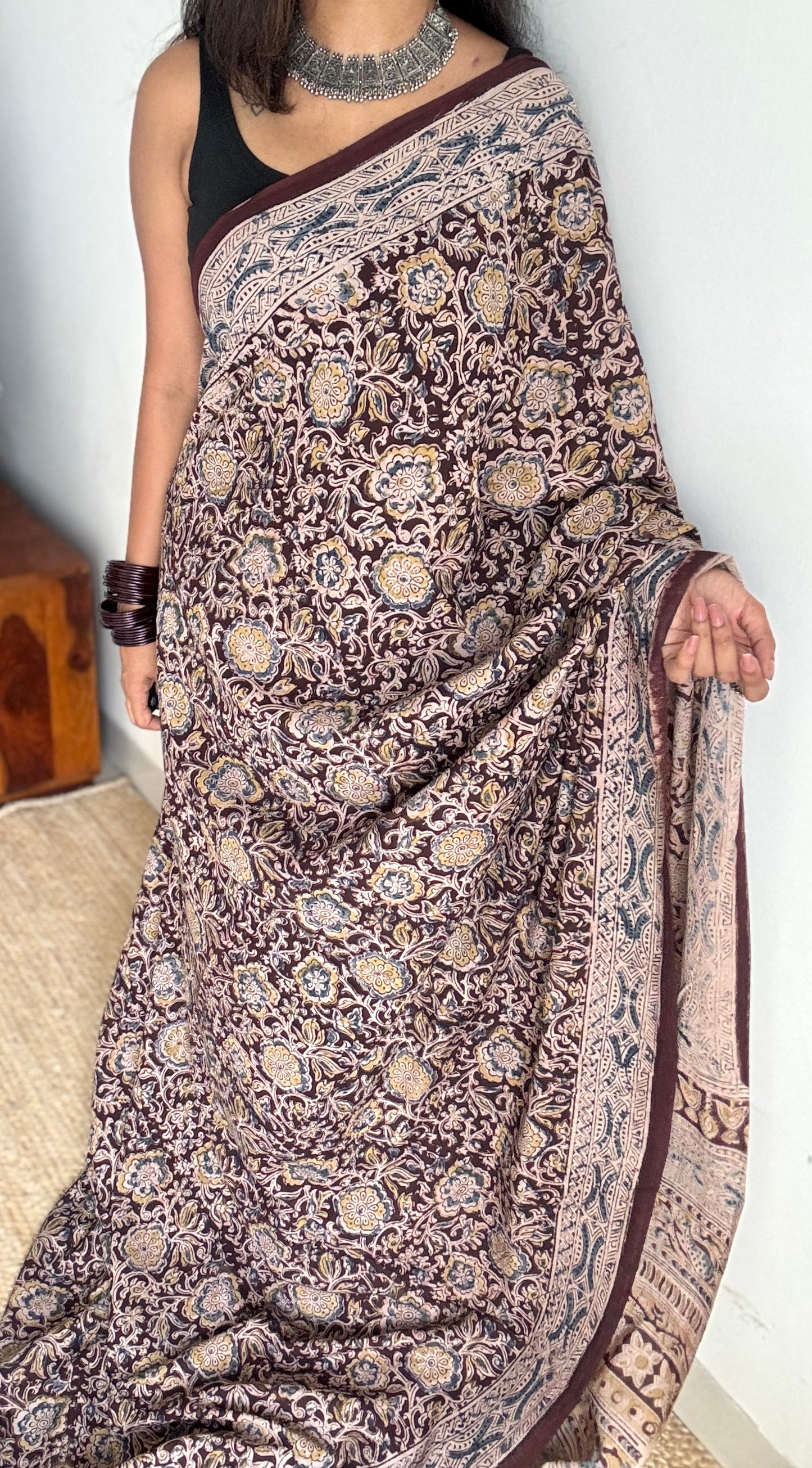 Dark maroon kalamkari, yellow blue floral vines, floral motif pallu YCWOTDKBP03