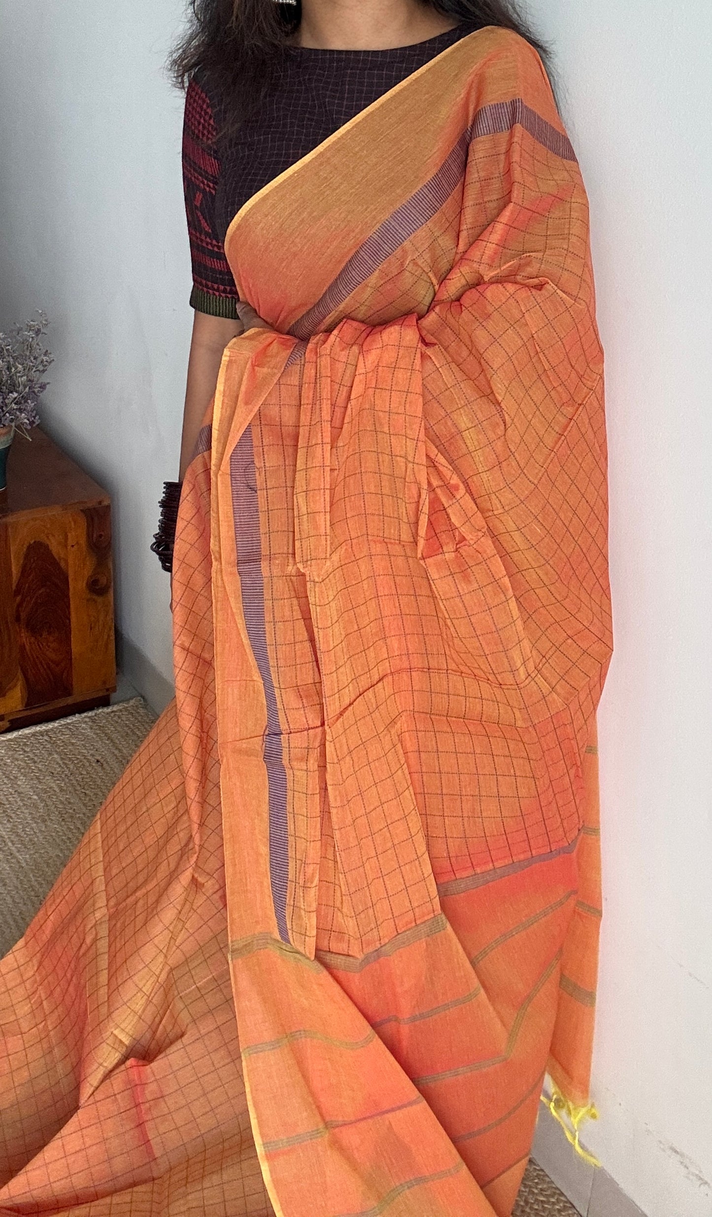 Halloween Orange Checks - Korvai Cotton - YCKC03