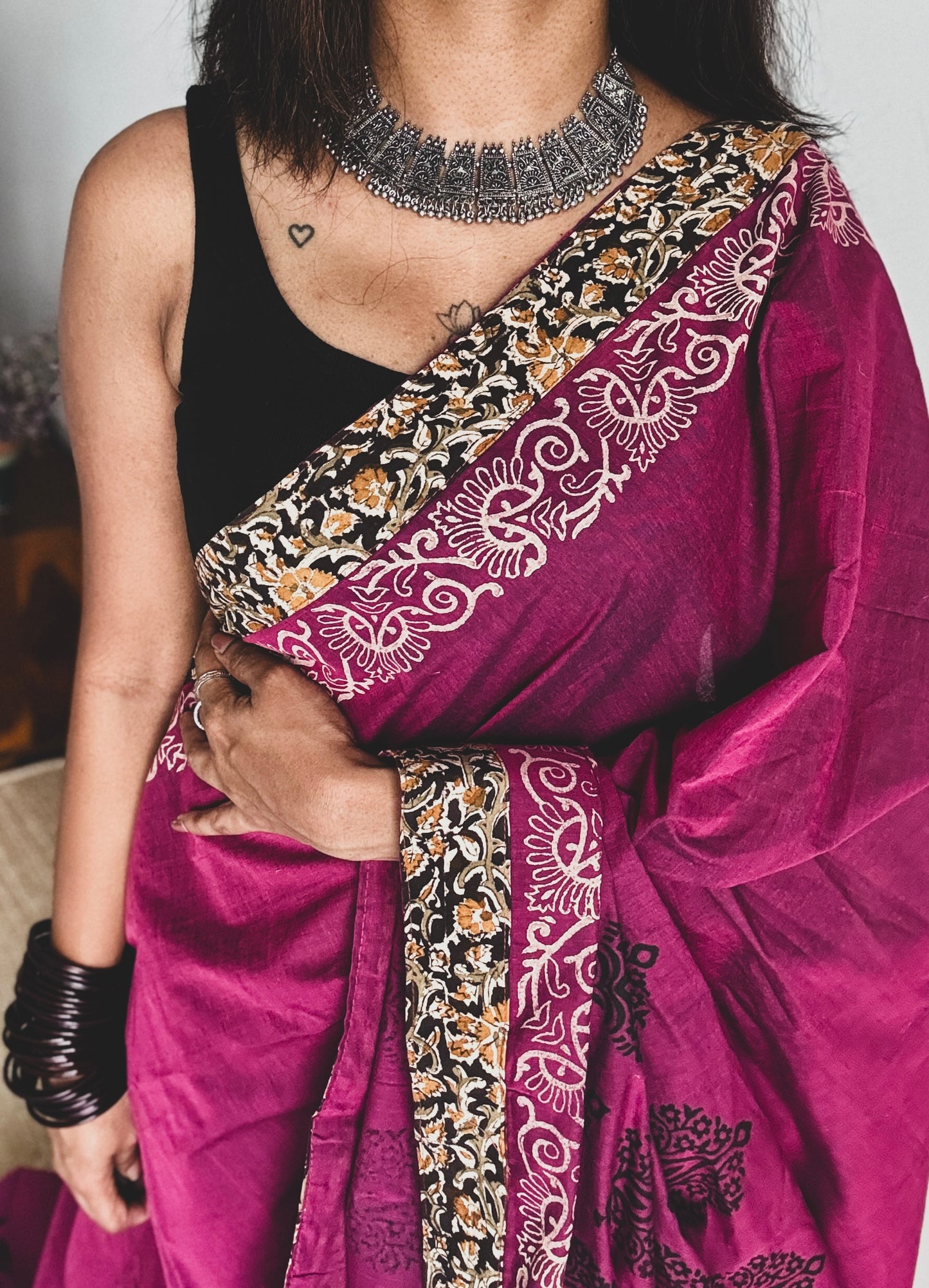 Purple Pink double tone with Kalamkari patch work - Soft Cotton - YCKPWC04