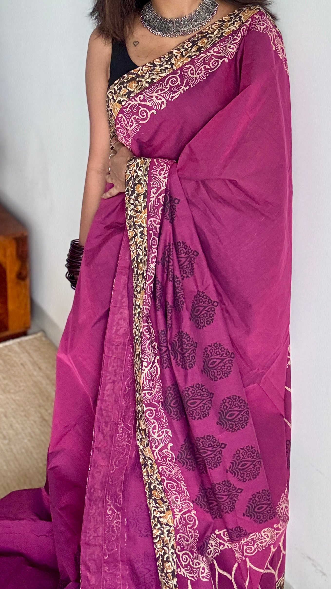 Purple Pink double tone with Kalamkari patch work - Soft Cotton - YCKPWC04