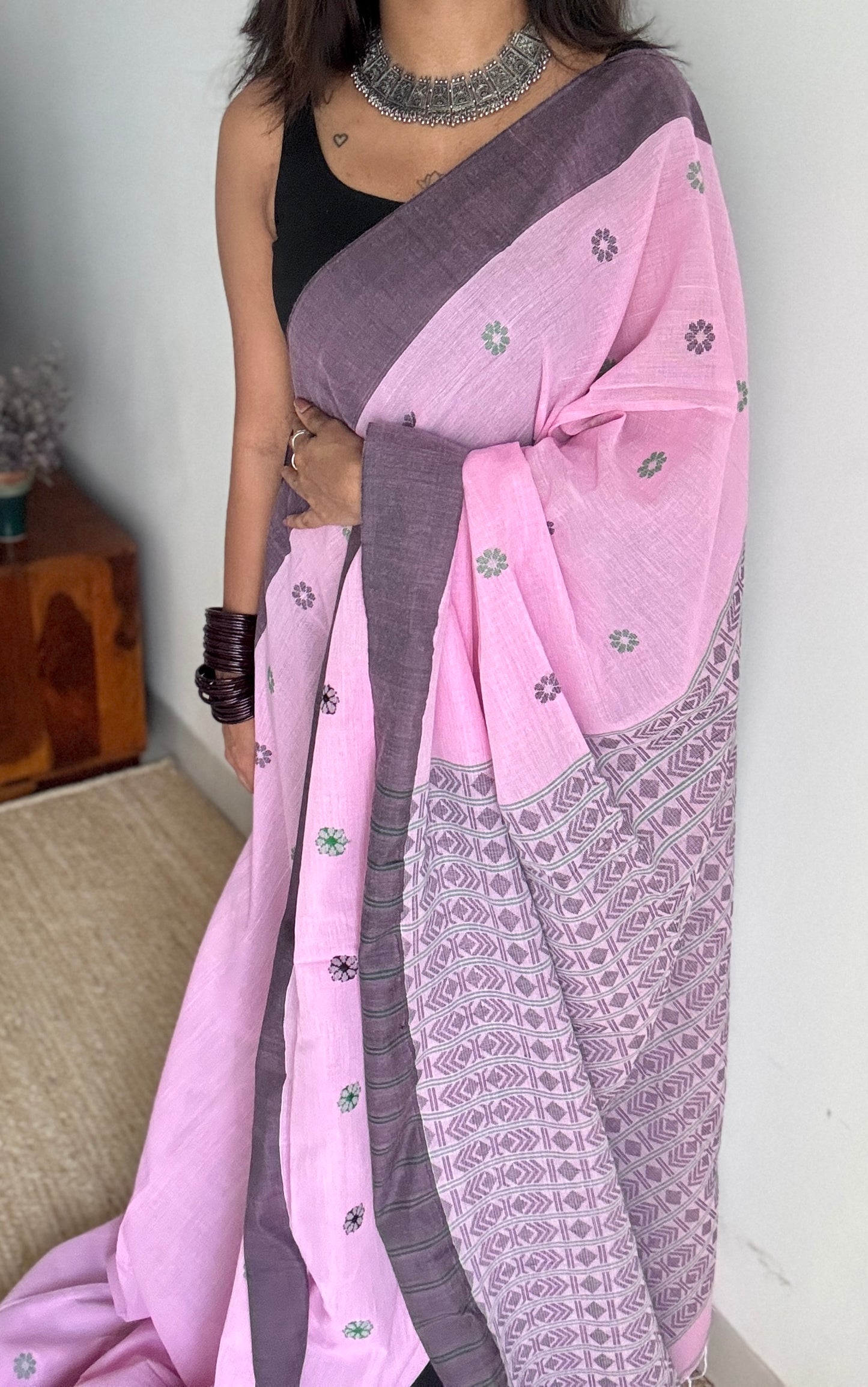 Pink and Black Jamdani, hand woven flower butas - Soft Cotton YCJBCC01