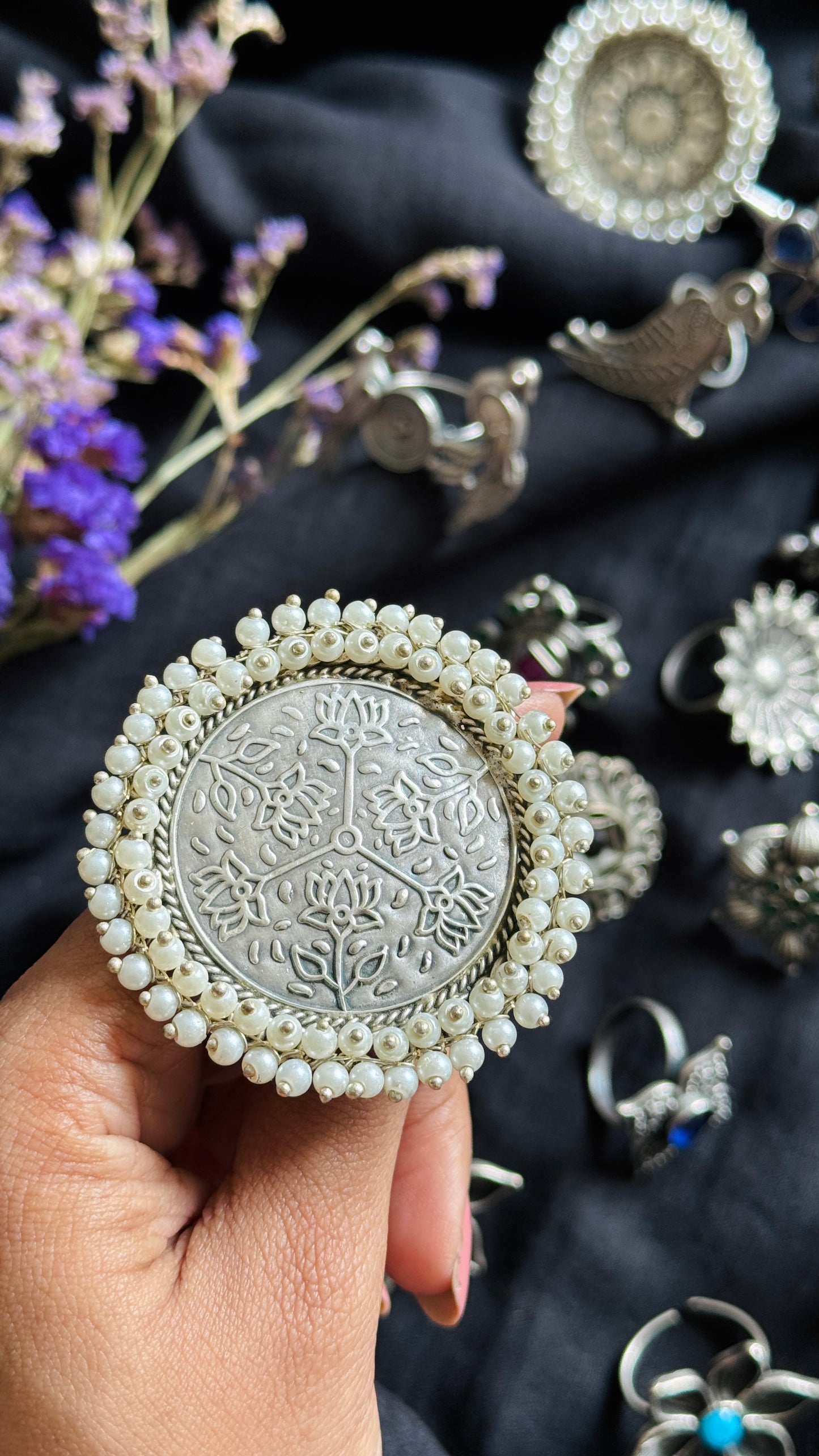 Antique Bloom - Adjustable Round Lotus Ring, Pearl Beaded 2- YCOSFR124