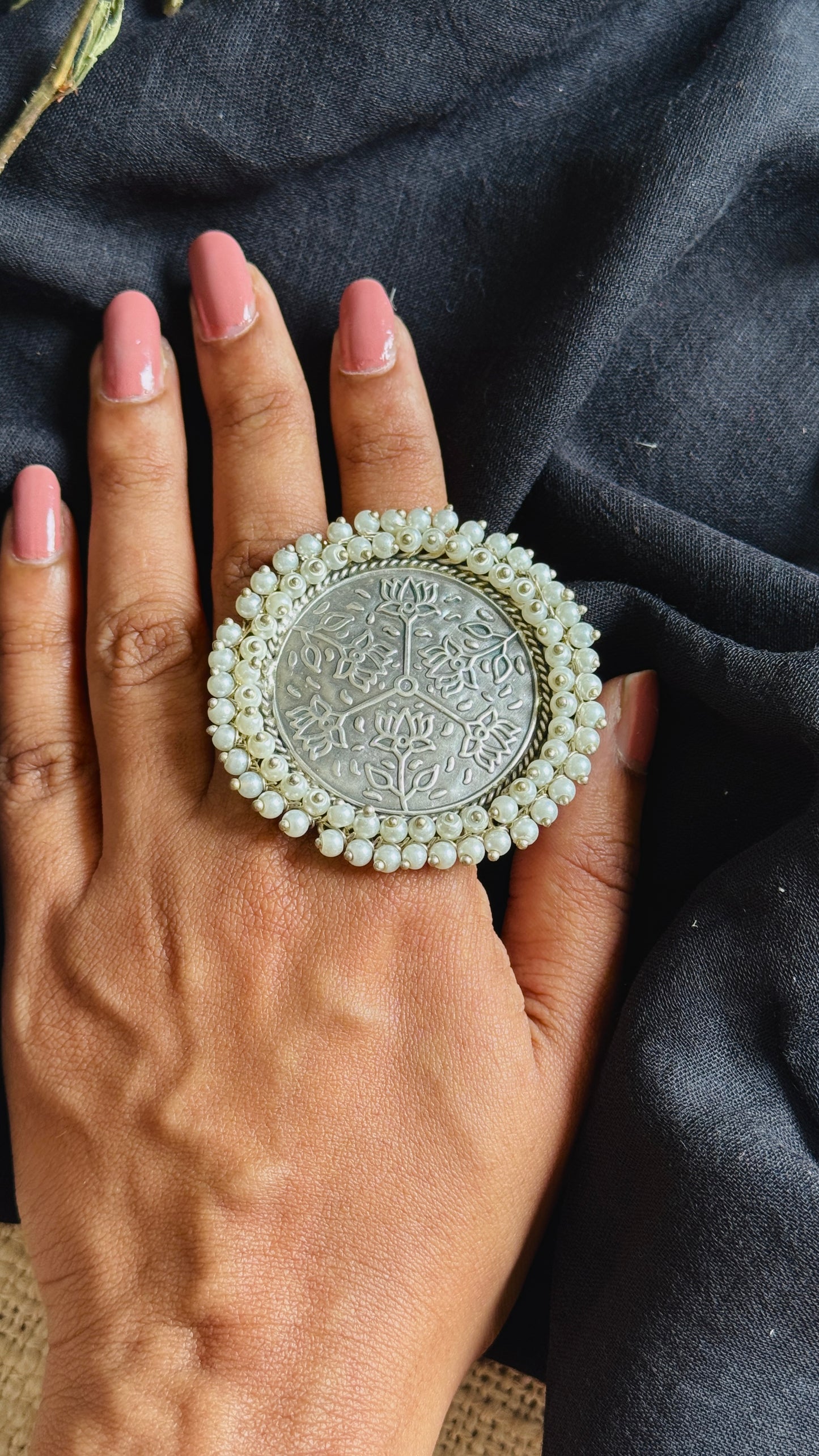 Antique Bloom - Adjustable Round Lotus Ring, Pearl Beaded 2- YCOSFR124