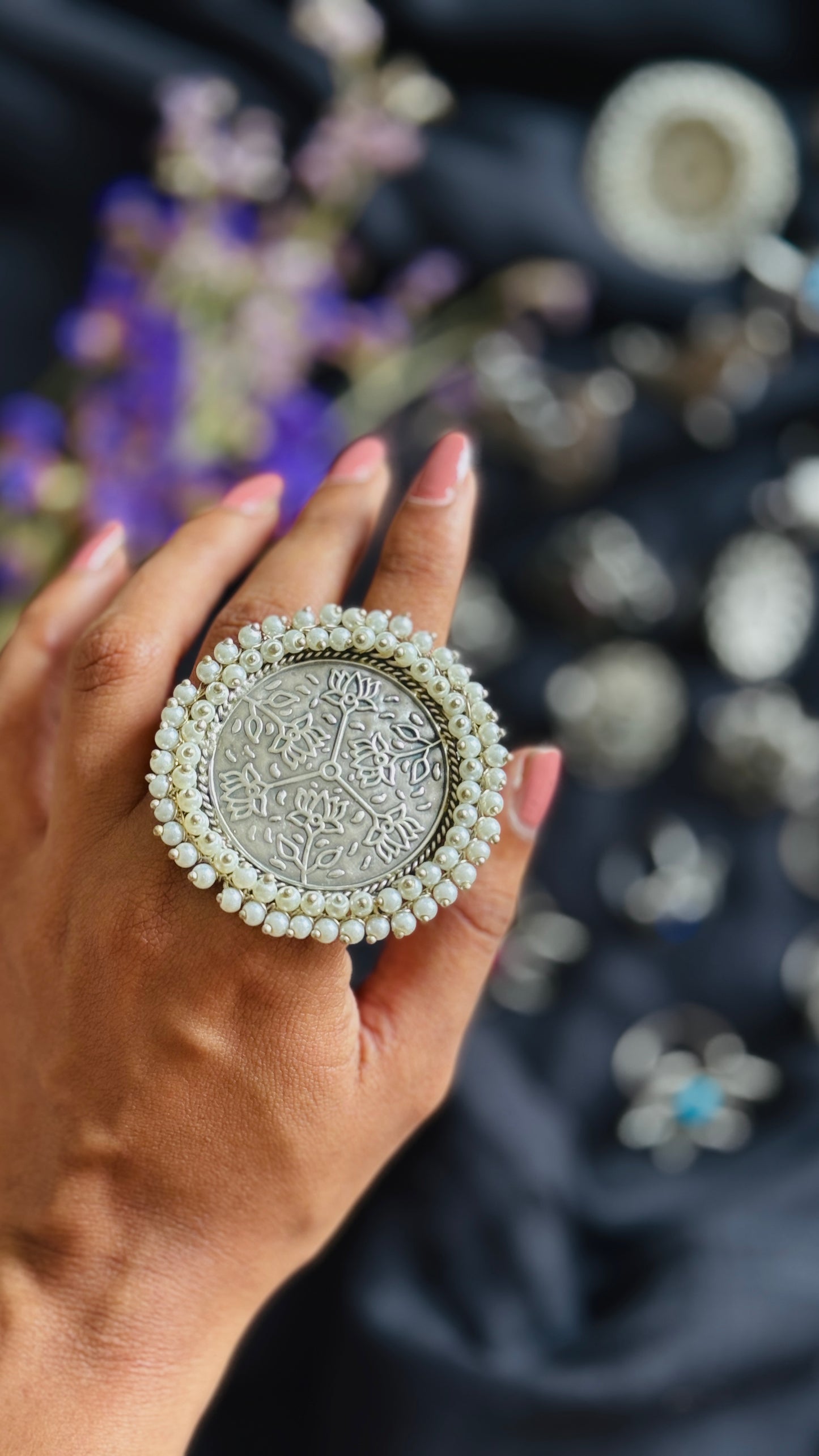 Antique Bloom - Adjustable Round Lotus Ring, Pearl Beaded 2- YCOSFR124