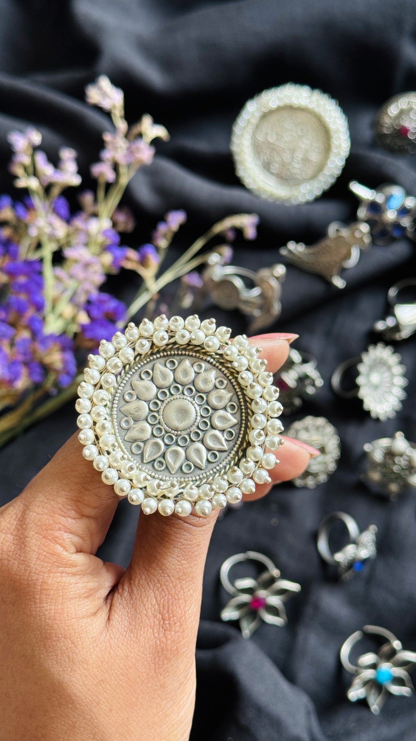 Antique Bloom - Adjustable Round Lotus Ring, Pearl Beaded 3 - YCOSFR125