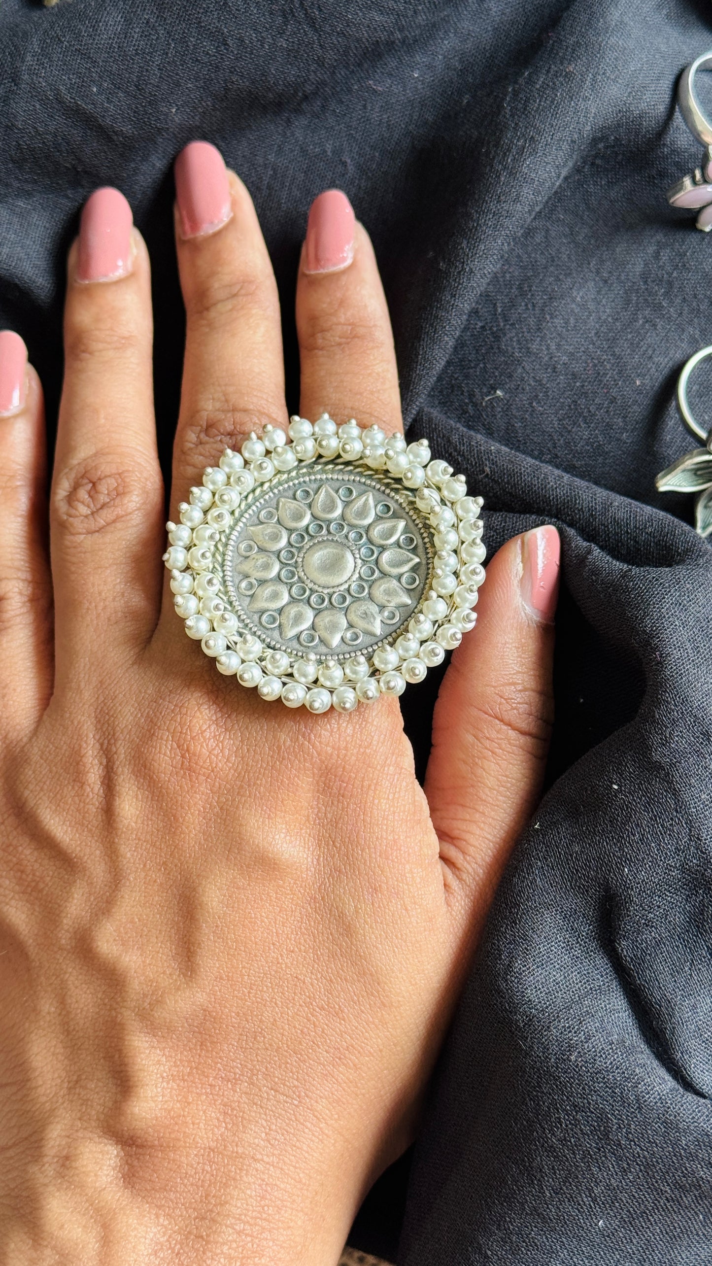 Antique Bloom - Adjustable Round Lotus Ring, Pearl Beaded 3 - YCOSFR125