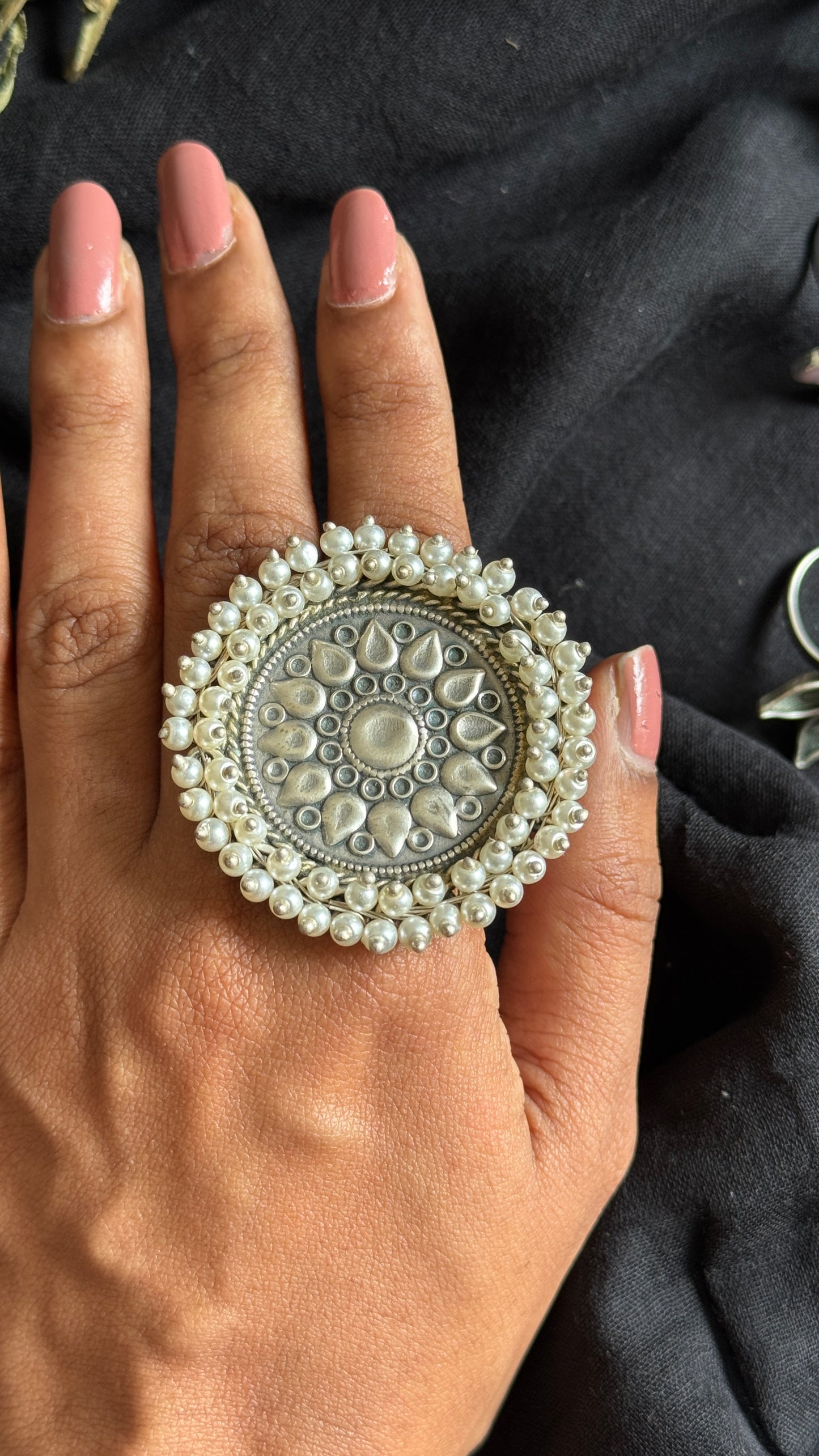 Antique Bloom - Adjustable Round Lotus Ring, Pearl Beaded 3 - YCOSFR125